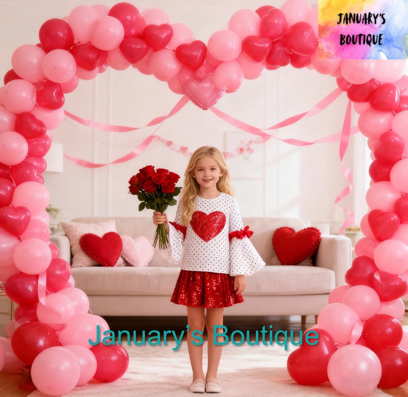 Girl’s Red Sequin Heart Skirt Set