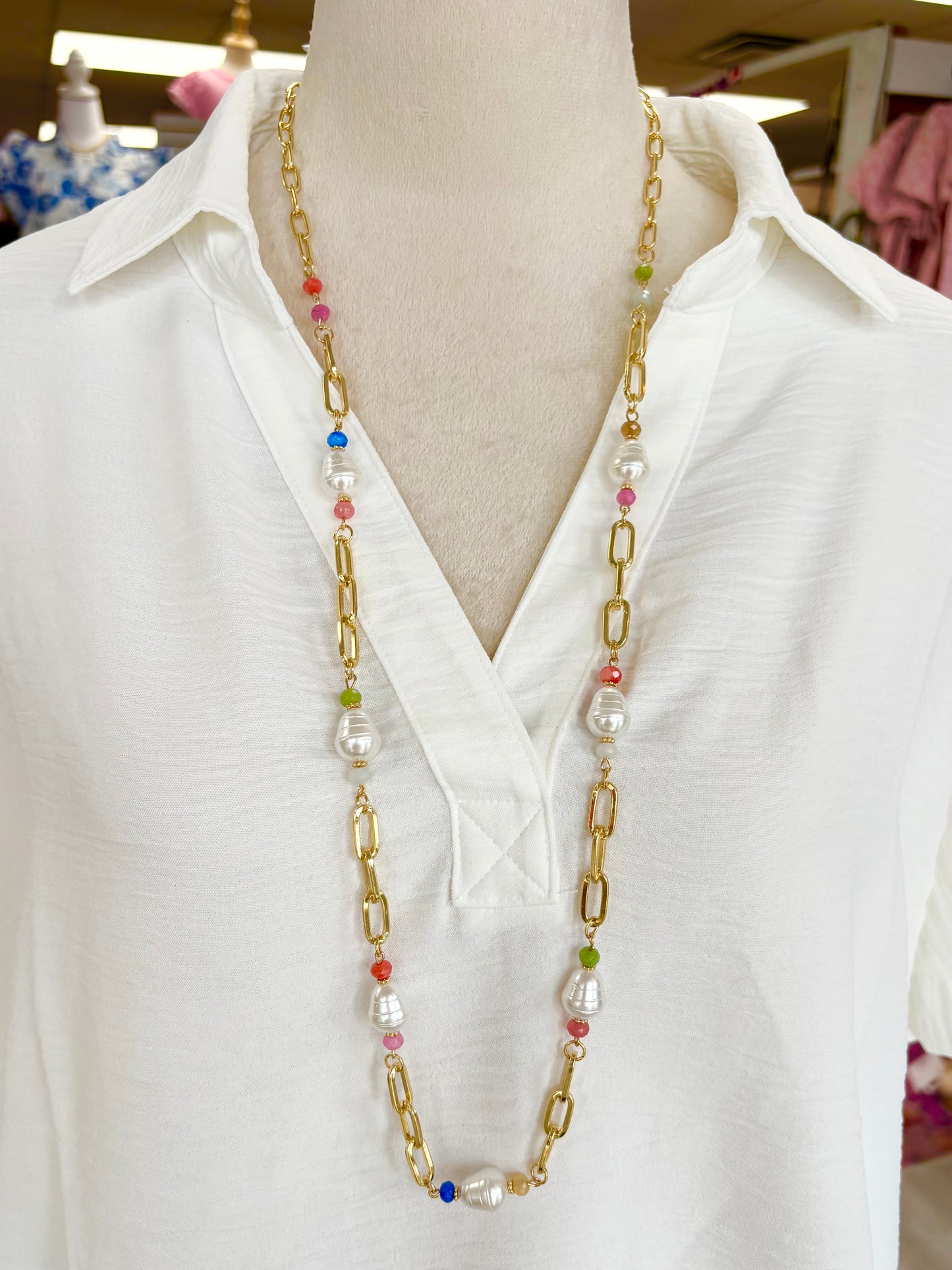 KK Gold Multicolor Beaded Pearl Chain Long Necklace