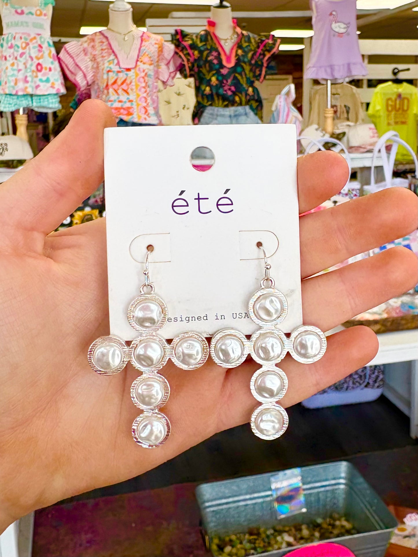 KK Silver Circle Pearl Cross Earrings