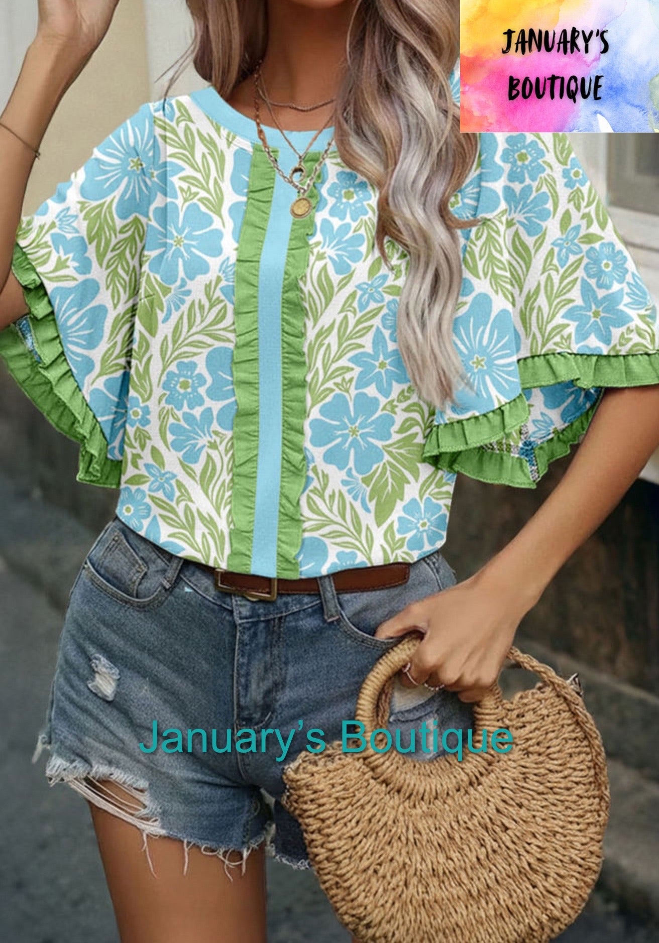 Women’s Green & Blue Floral Top