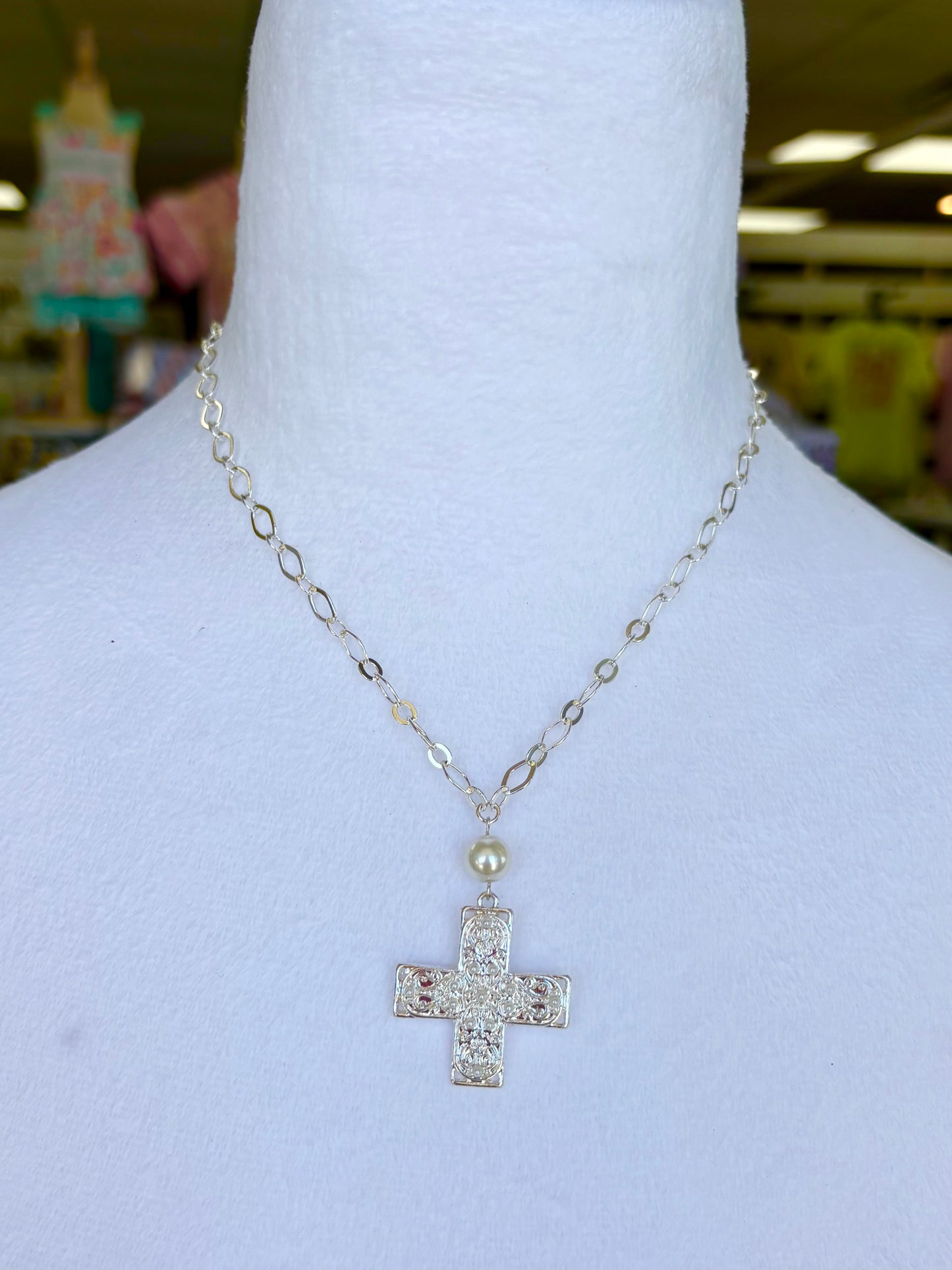 KK Silver Cross Pearl Chain Necklace
