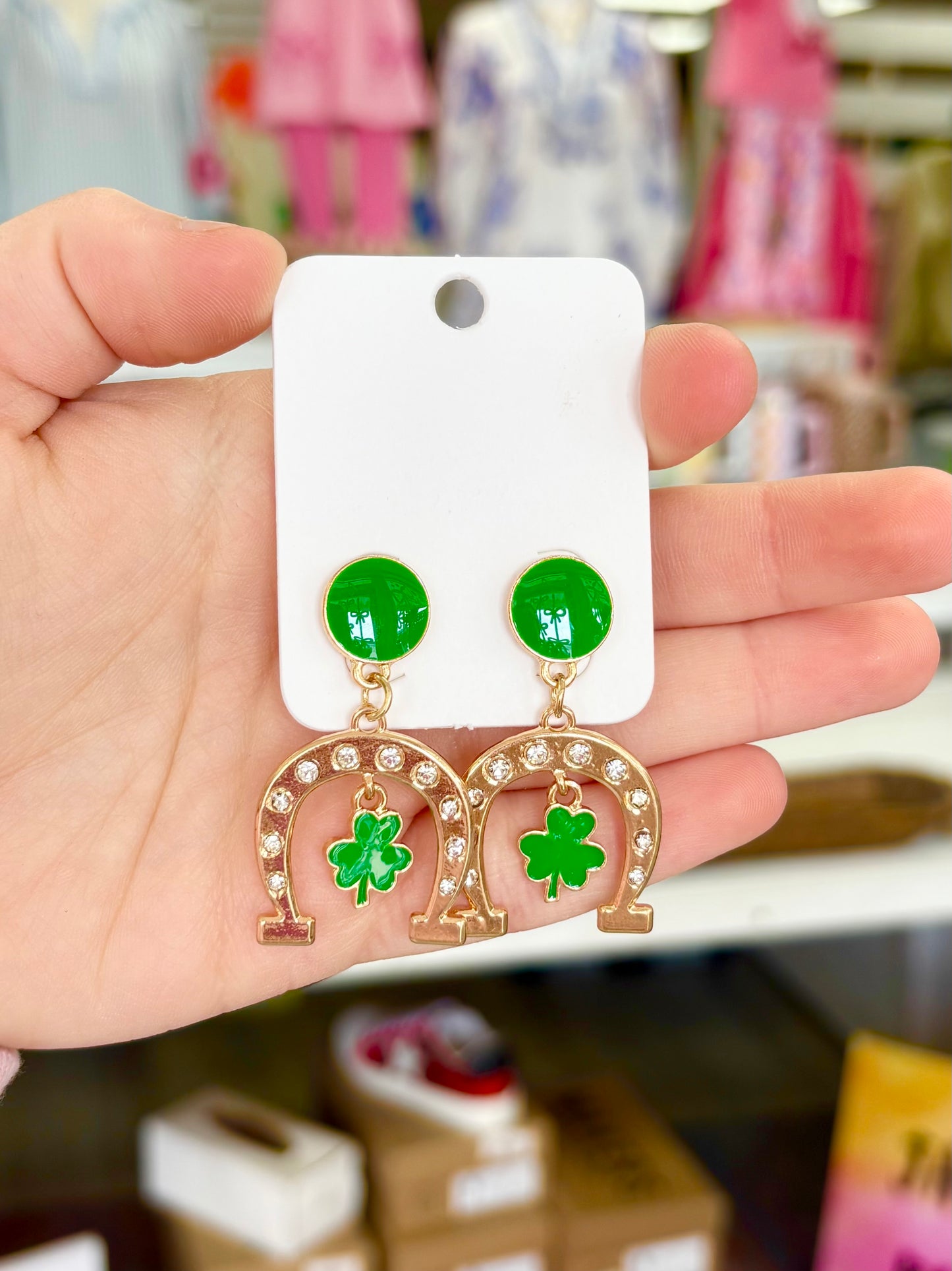 KK Crystal Horseshoe & Clover Dangle Earrings