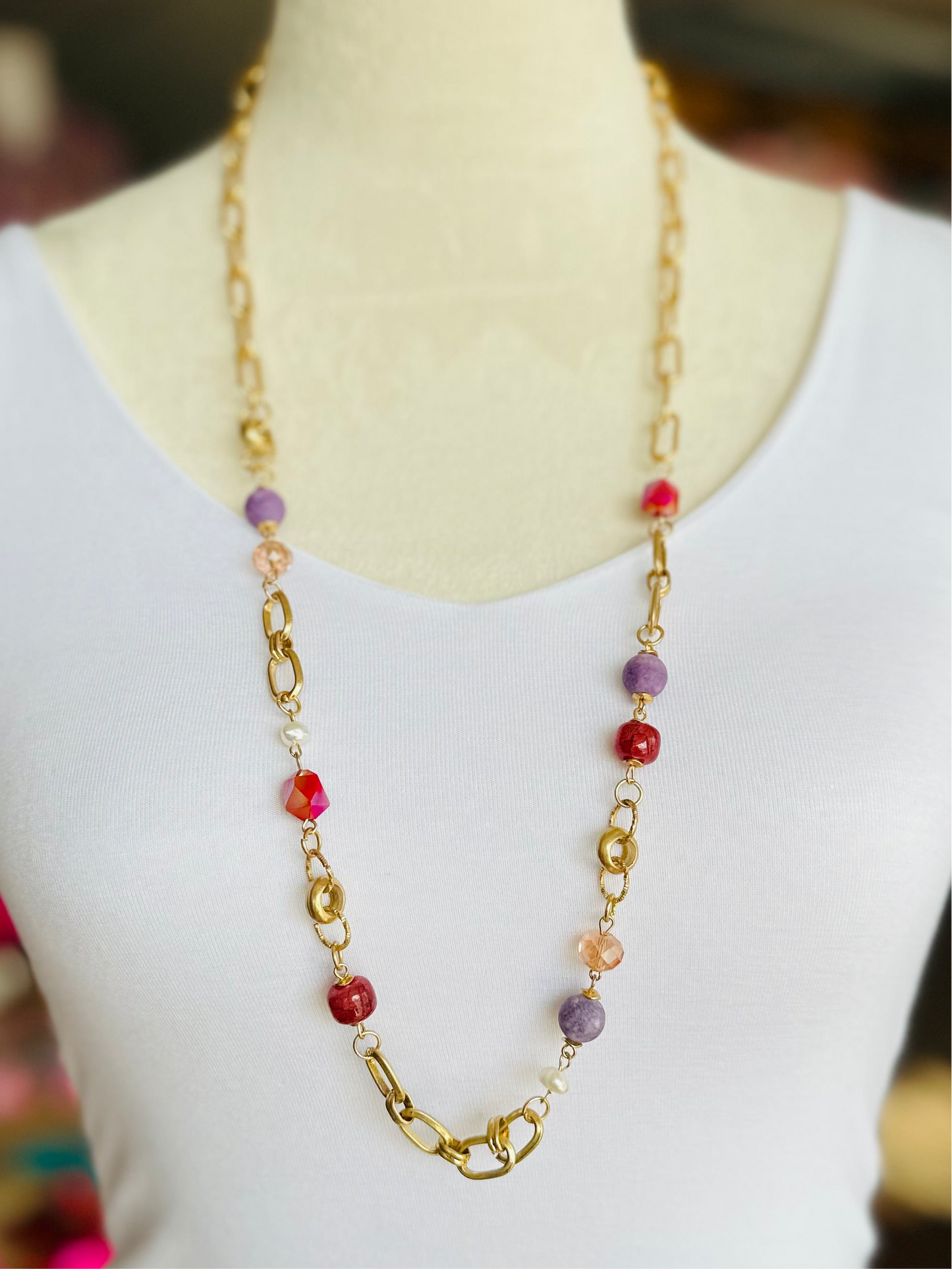 Gold / Plum Stone Beaded Long Necklace