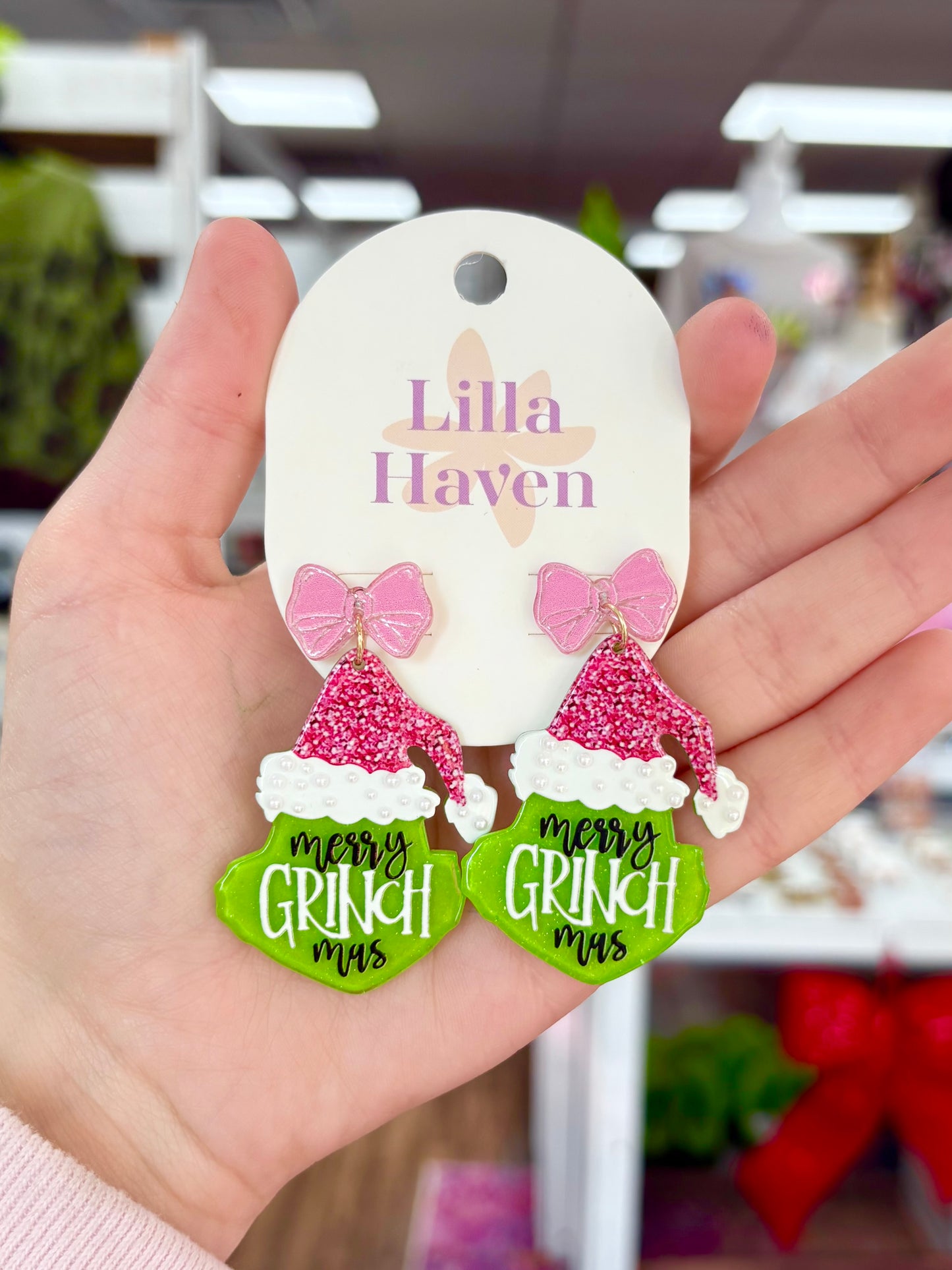 KK Pink Bow Gr*nch Earrings