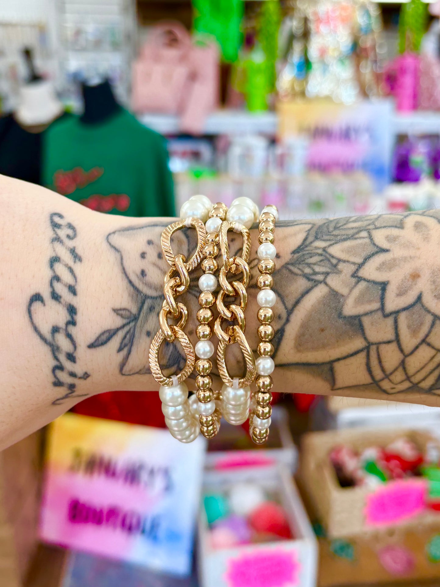 KK Gold & Pearl Chain Accent Bracelet Set