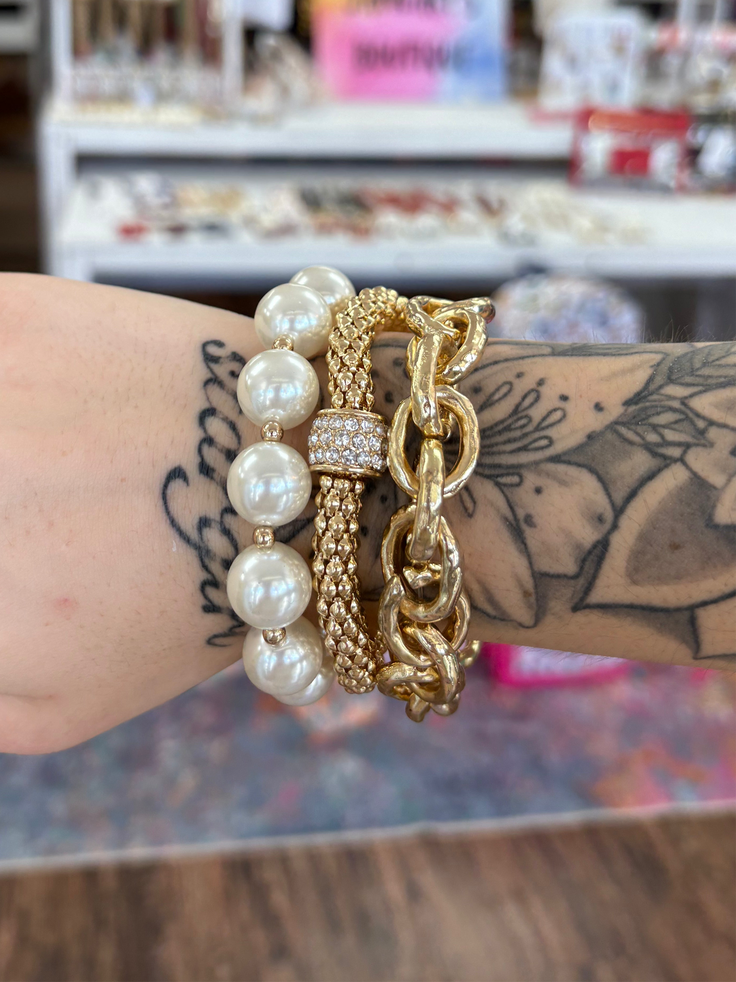 KK Pearl And Gold Stack Of 3 Bracelets