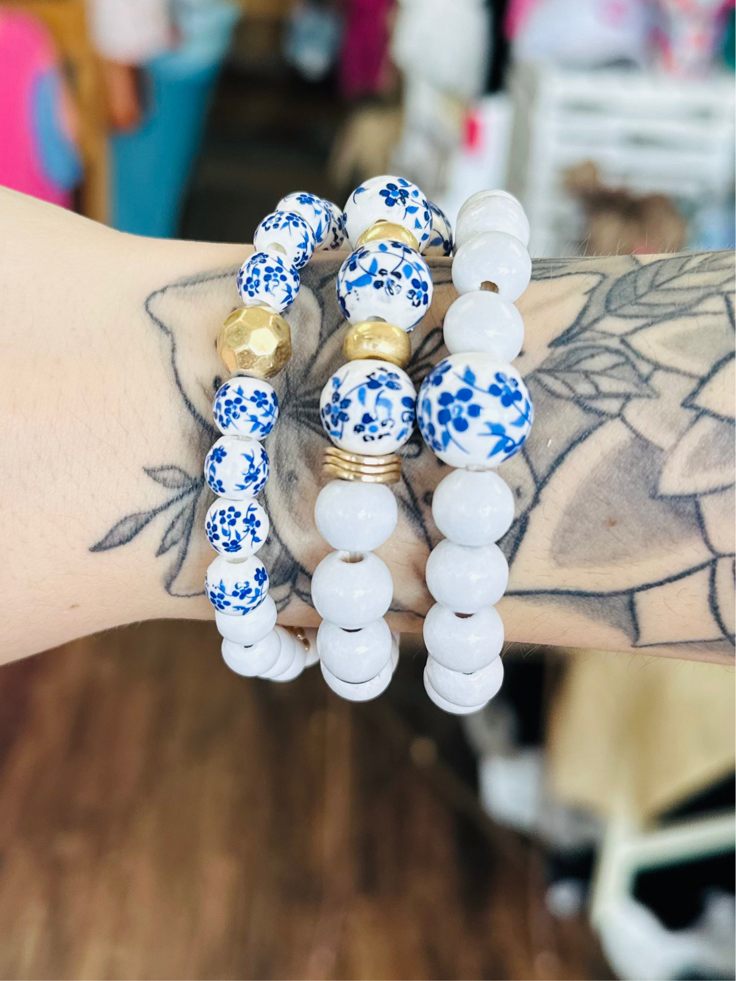 Blue Floral/White Bracelet Set