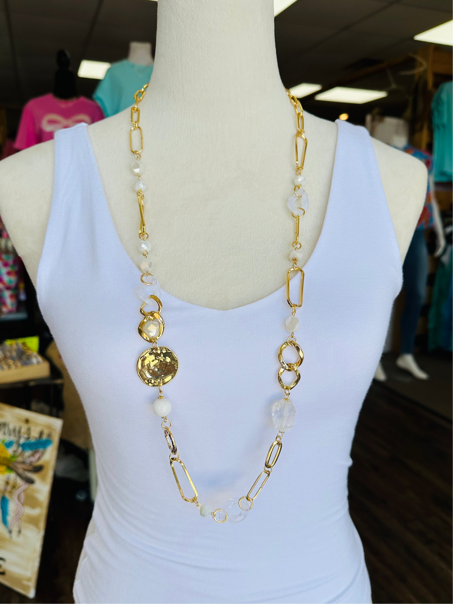 KK Gold And White Stone Long Beaded Necklace