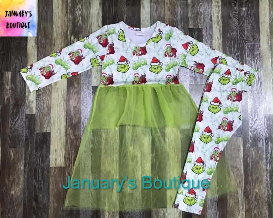 Girl’s Grinch With Sheer Skirt Pant Set