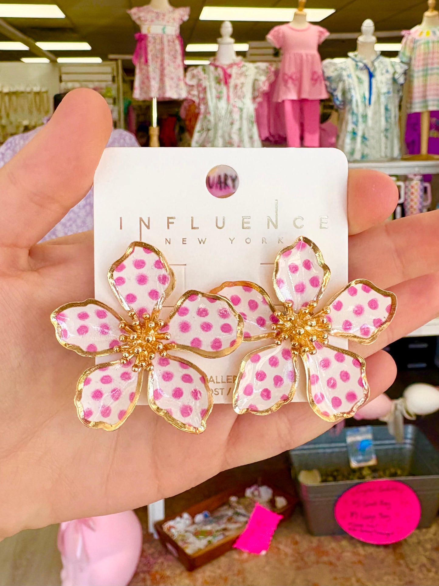 KK Pink Dot Flower W/ Gold Earrings