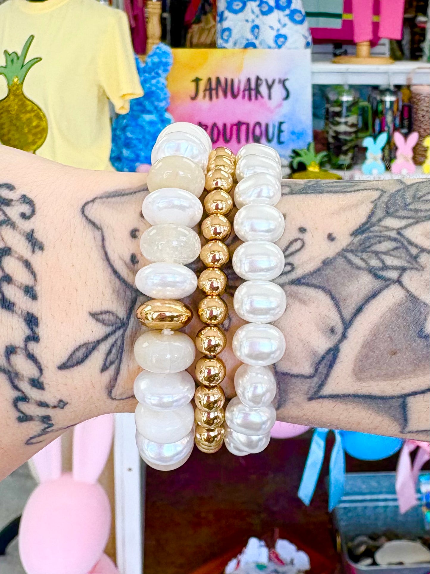 KK 3 Row Gold & Beige/Pearl Bead Bracelet