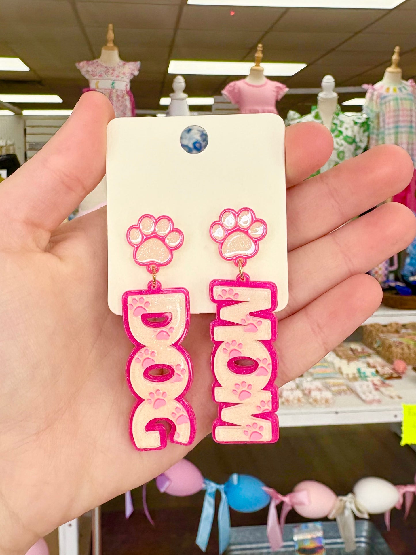 Pink Acrylic Paw Dog Mom Earrings