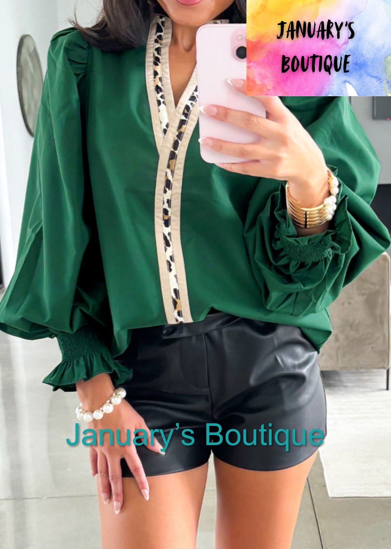 Women’s Evergreen Leopard Trim Blouse