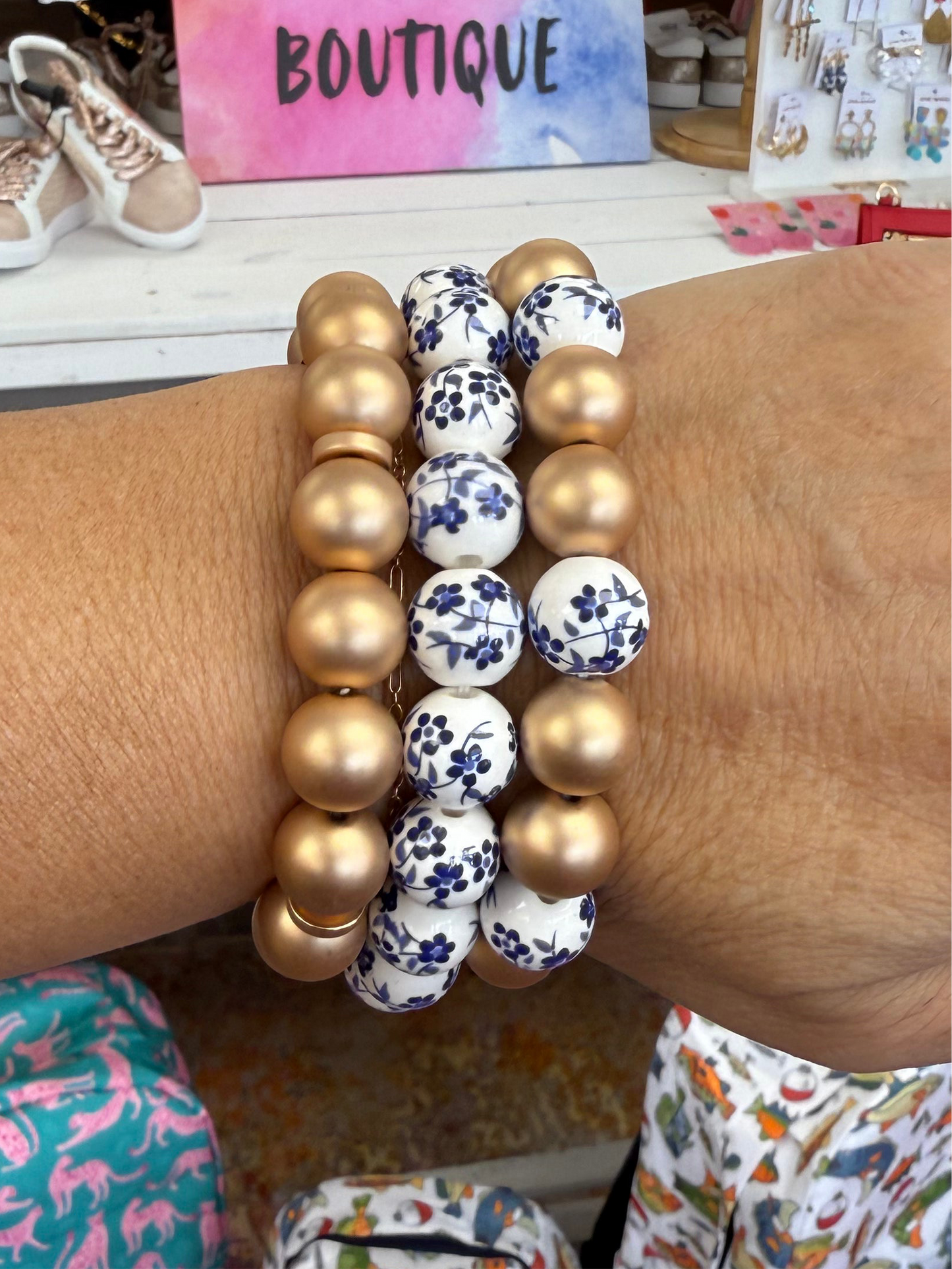 Blue Floral and Gold Beaded Bracelet Set of 3