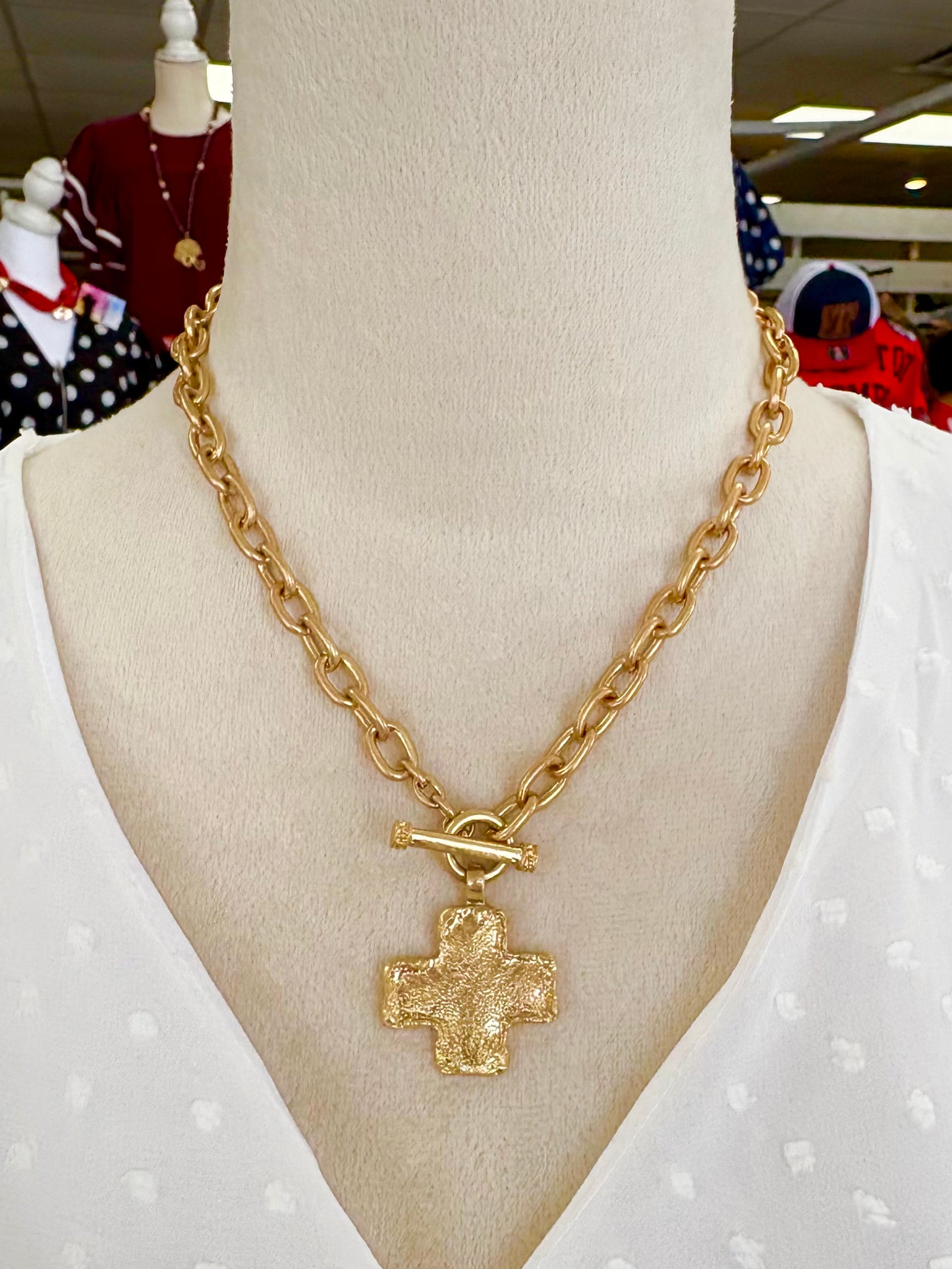 KK Matte Gold Toggle Clasp Hammered Cross Necklace
