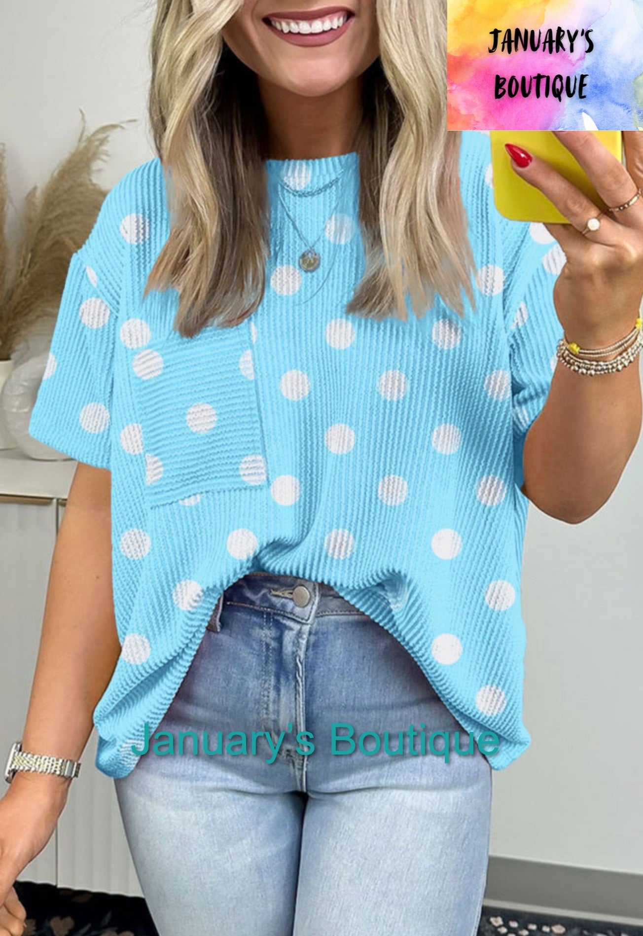 Women’s Plus Blue & White Polka Dot Ribbed Top