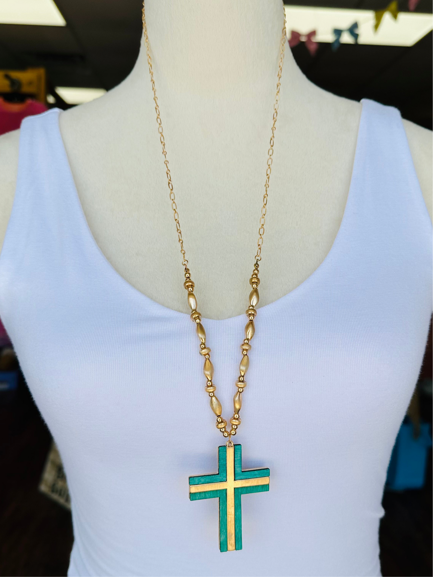 KK Long Beaded Cross Necklace