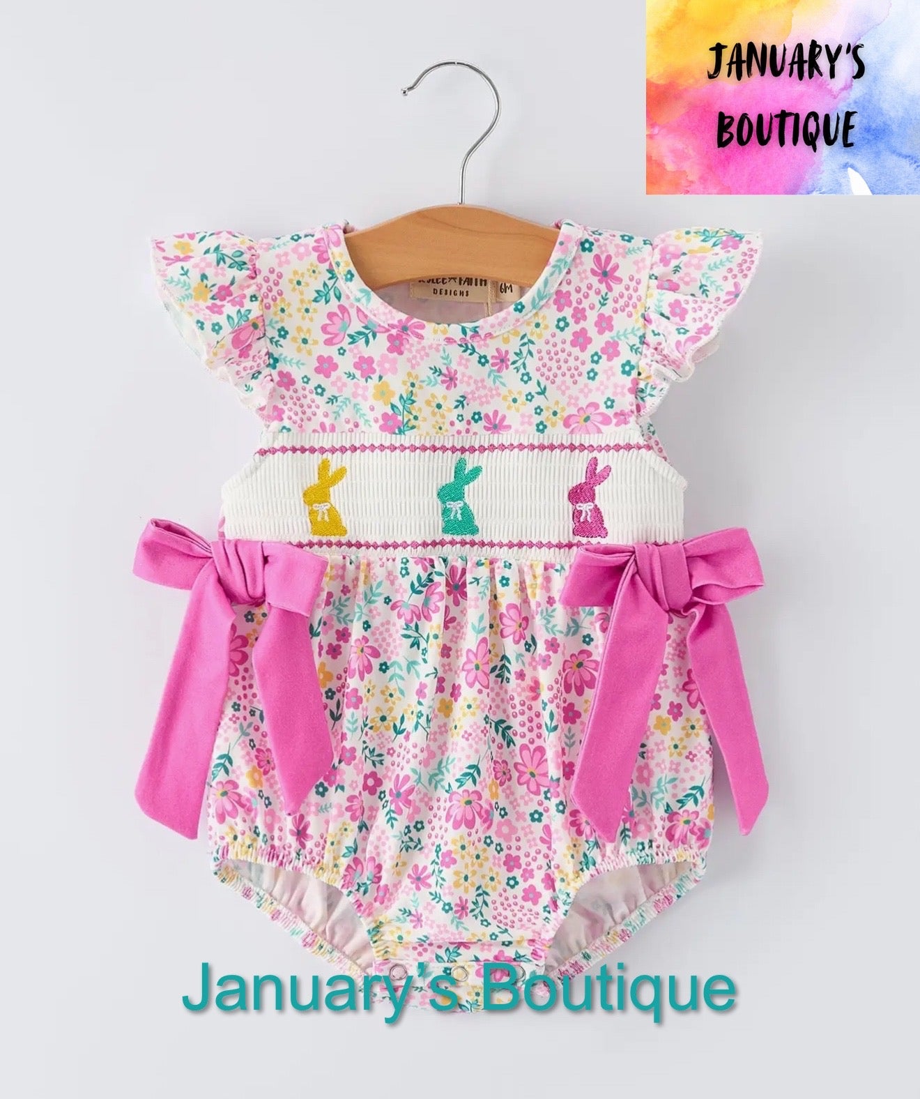 Girl’s Easter Floral Bunny Smocked Romper