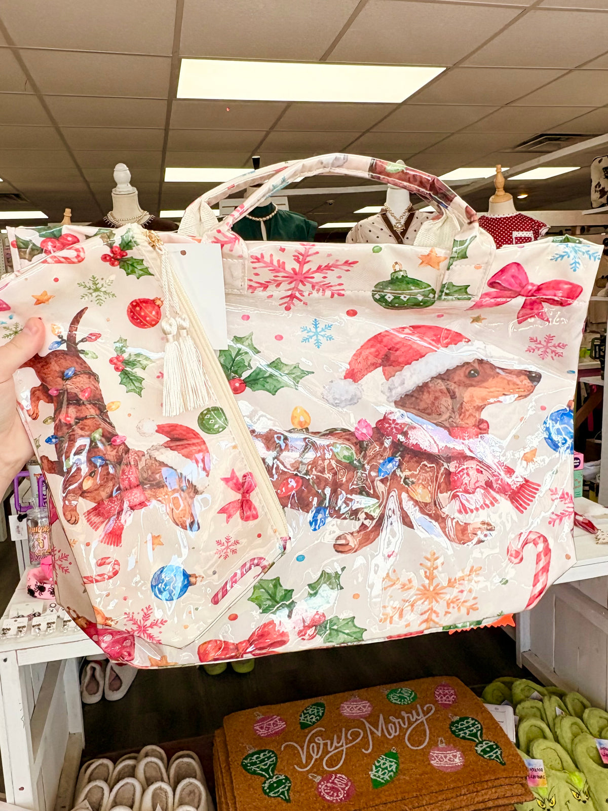 KK Christmas Dachshund Tote Bag W/ Matching Pouch