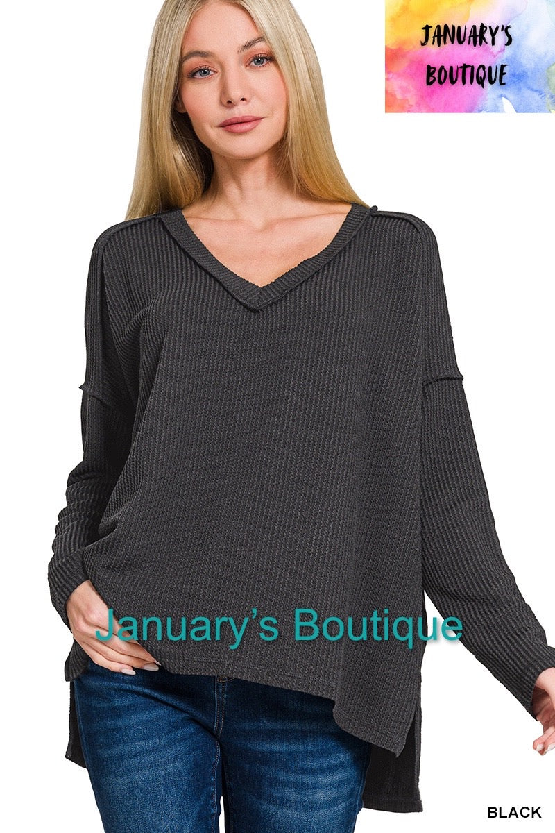 Women’s Black V Neck Ribbed Hi-Lo Top