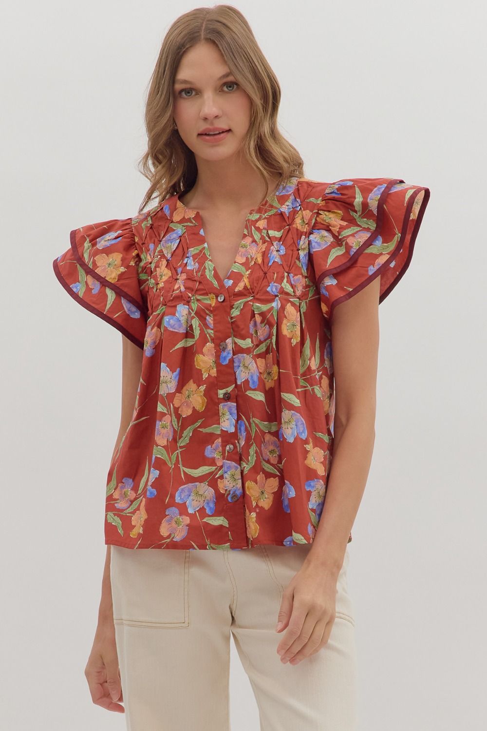 Women’s Rust Floral Flutter Sleeve Top