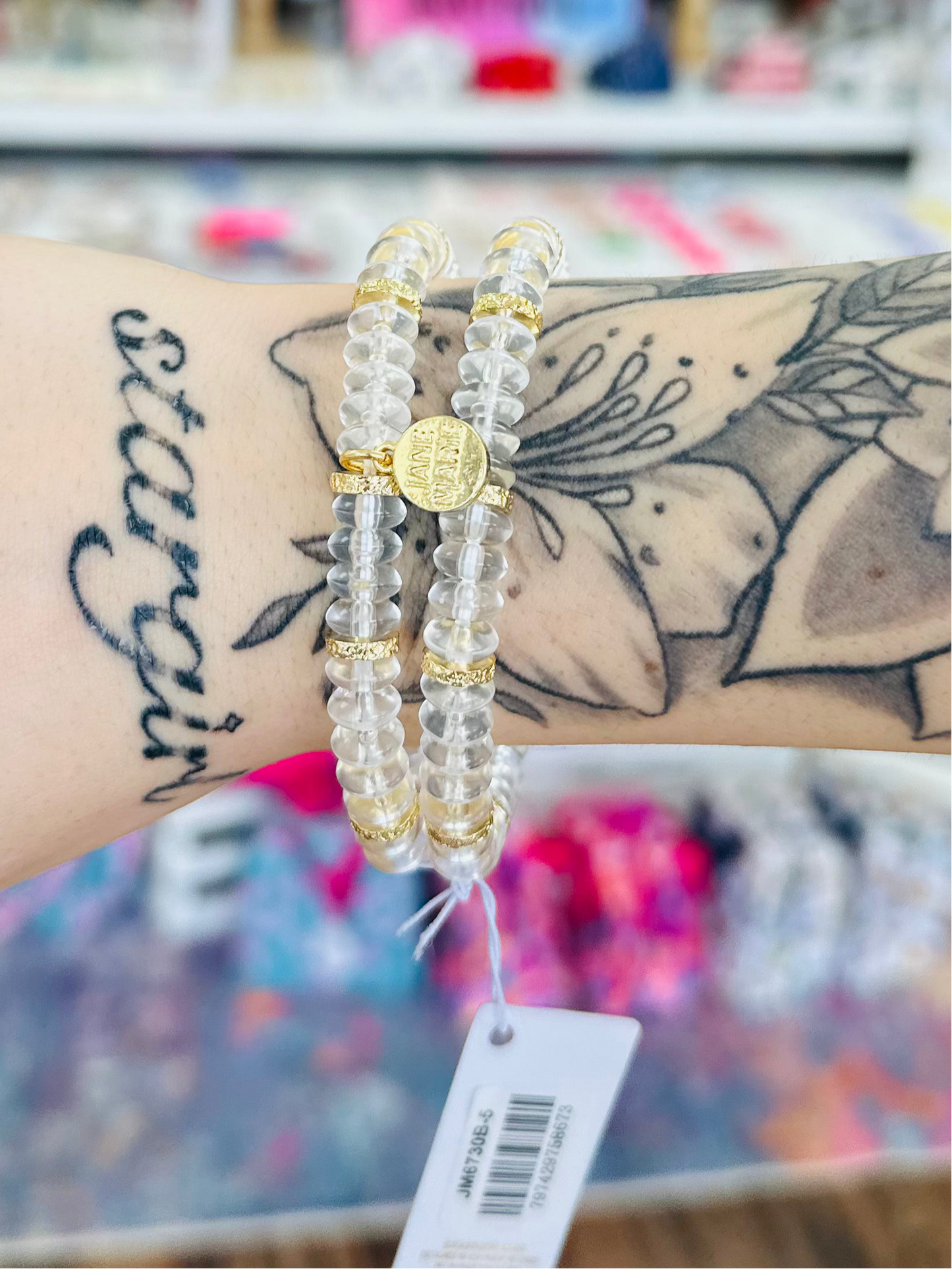 KK Set of 2, Clear, Gold Beaded Stretch Bracelets