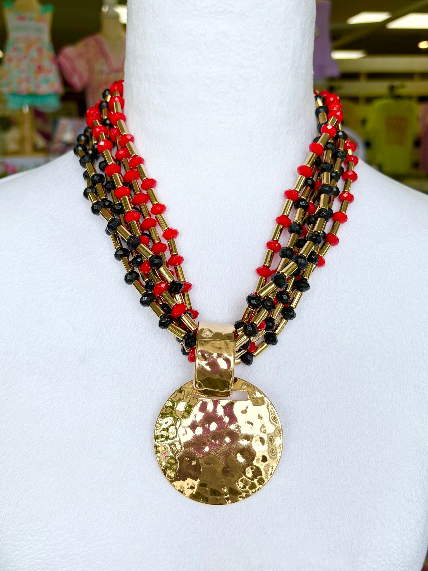 Gold Red/Black Hammered Pendant Necklace