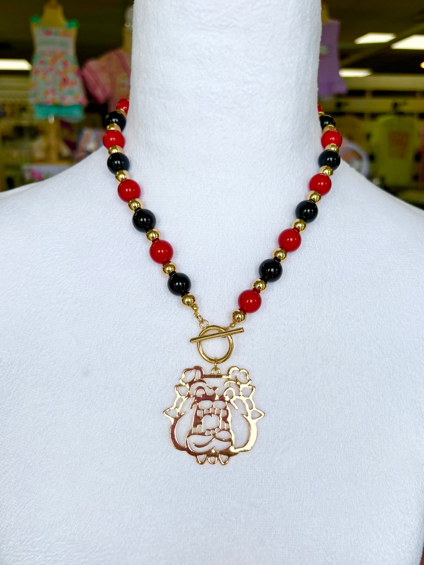 Gold Red/Black Beaded Cut Out Dog Pendant Necklace
