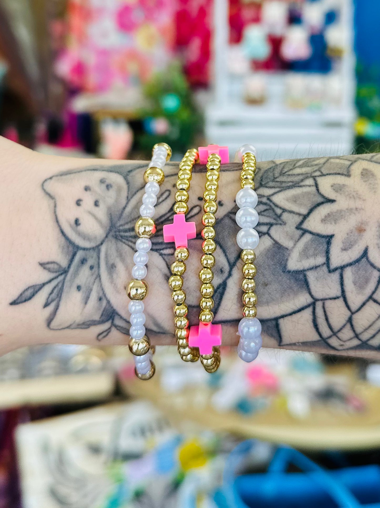 KK Pink Gold Beaded Pearl Cross Inspired Bracelets