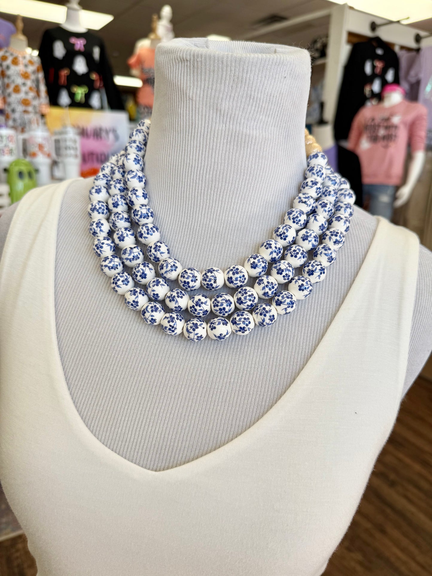 Blue Floral 3 Row Beaded Necklace