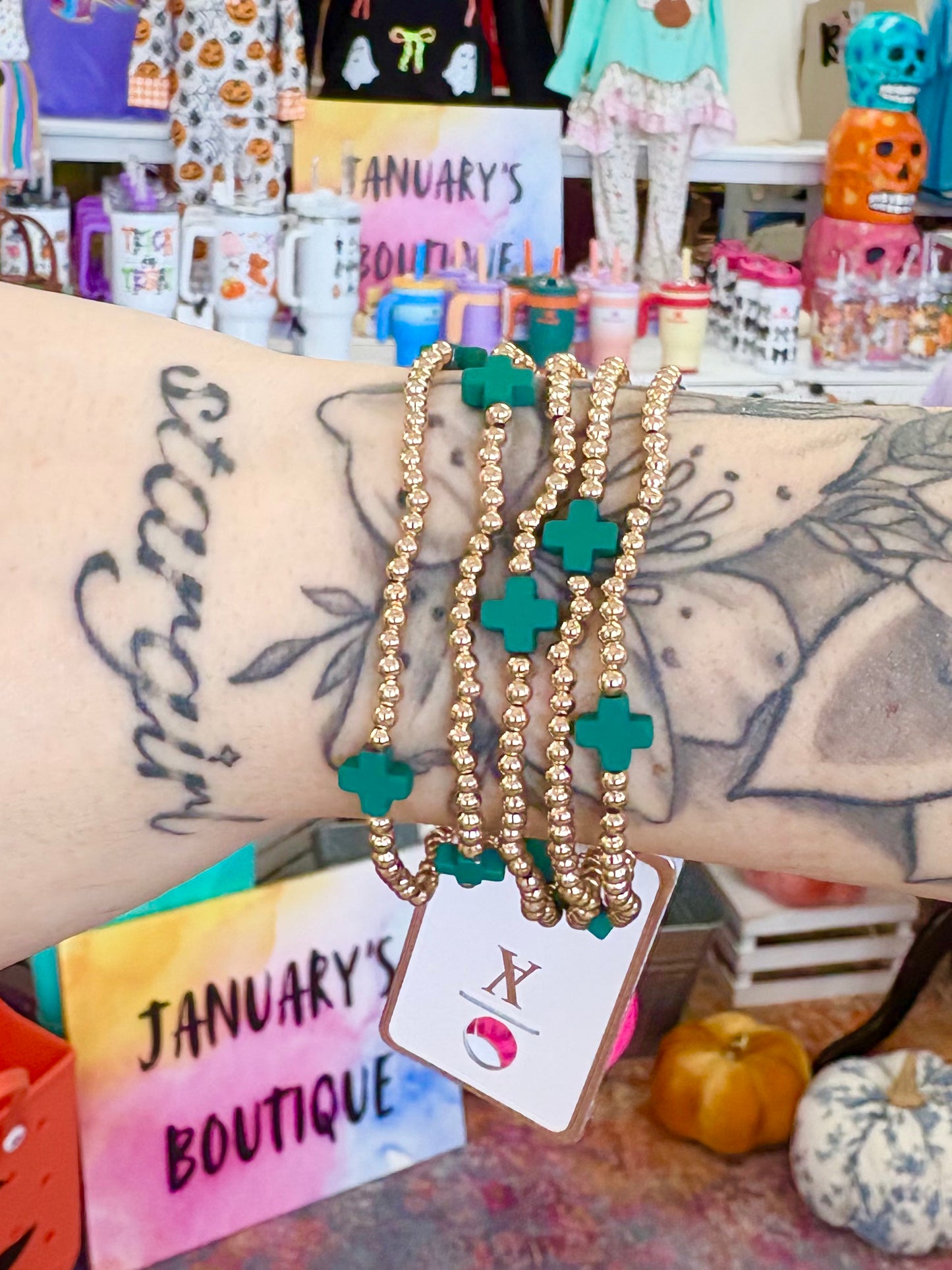 KK Gold Beaded Green Cross Accent Bracelet Set