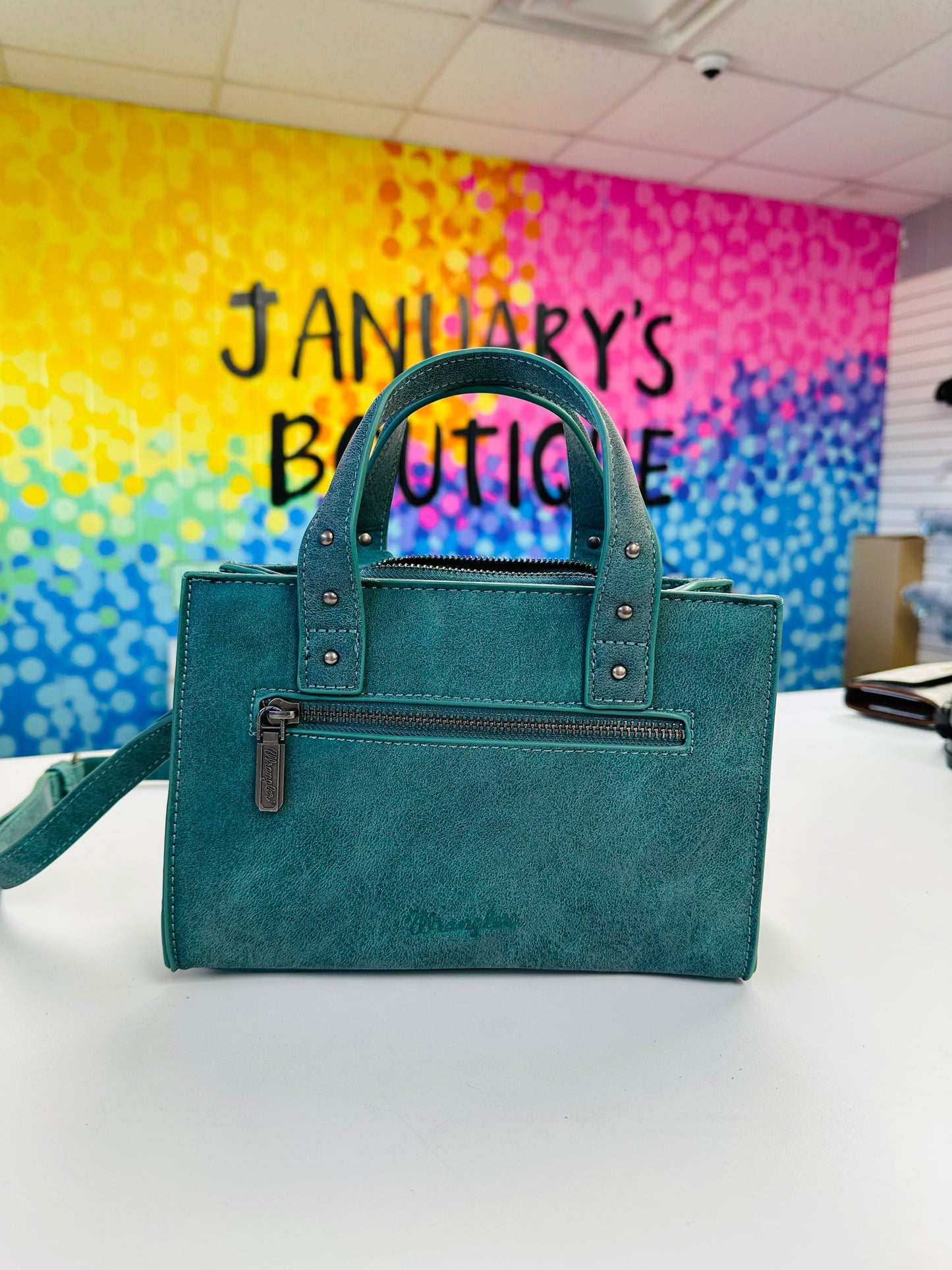 Wrangler Turquoise Tooled Tote Crossbody Bag