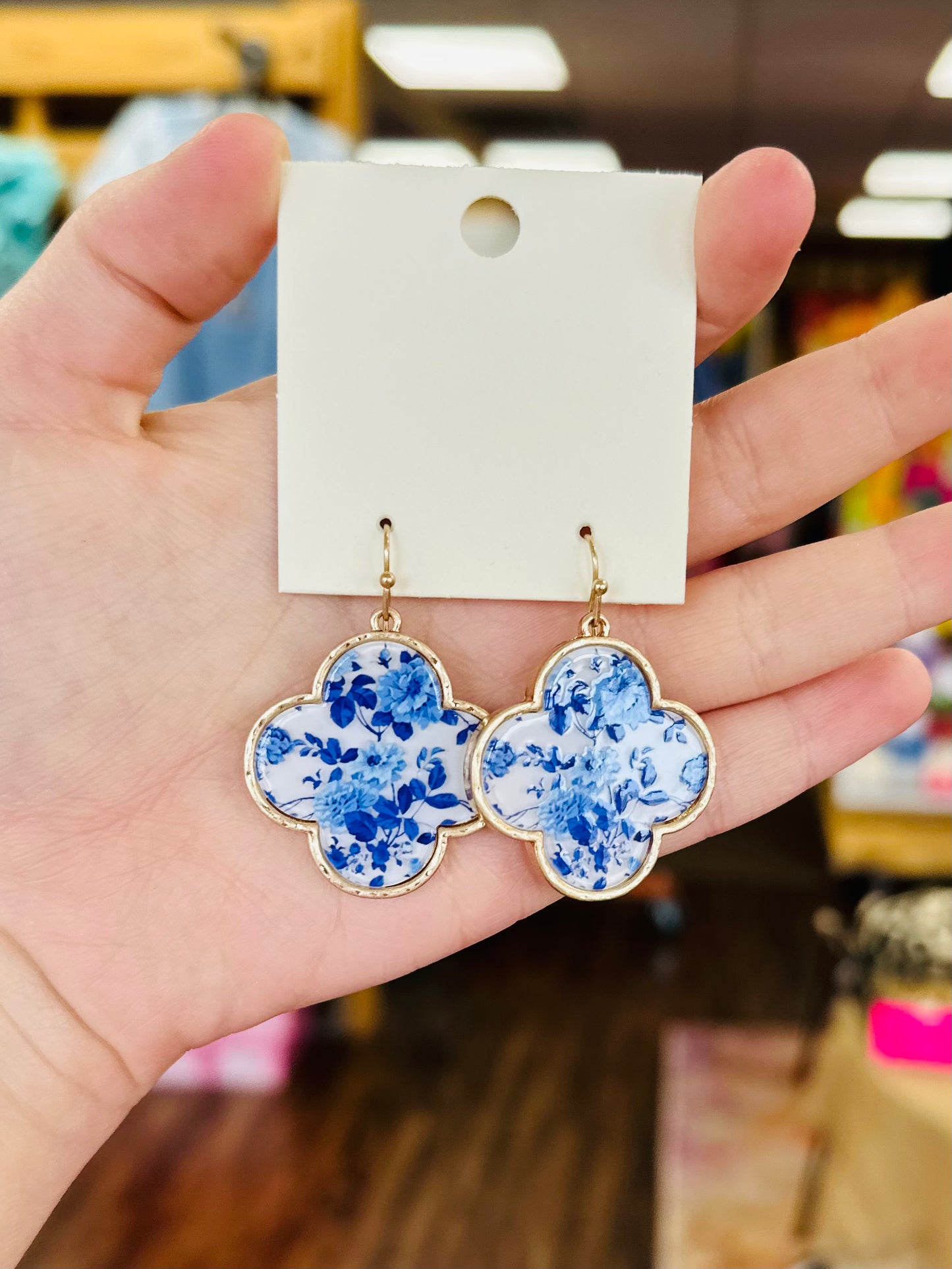 Blue Floral And Gold Clover Earrings