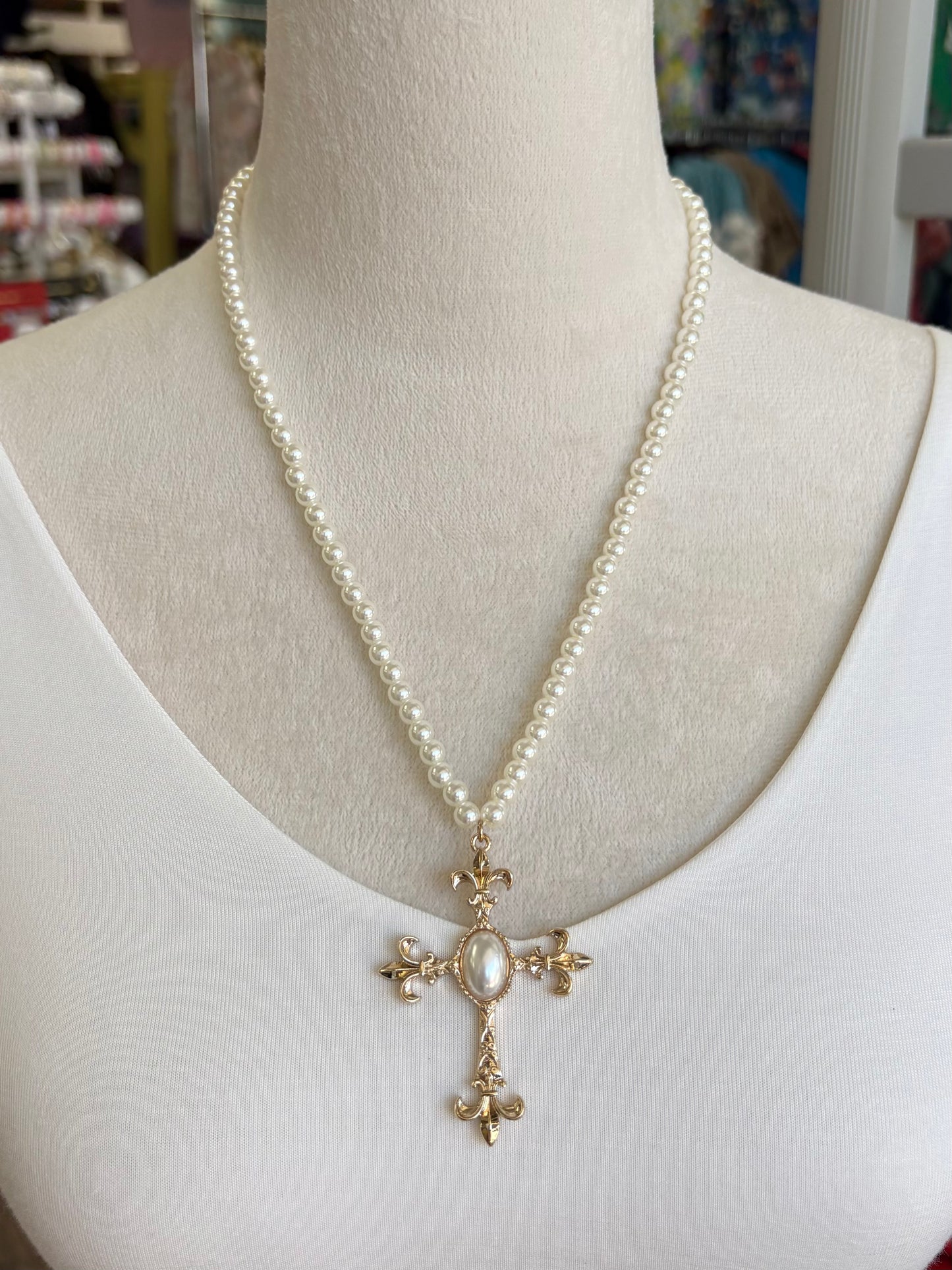 KK Pearl Cross Necklace