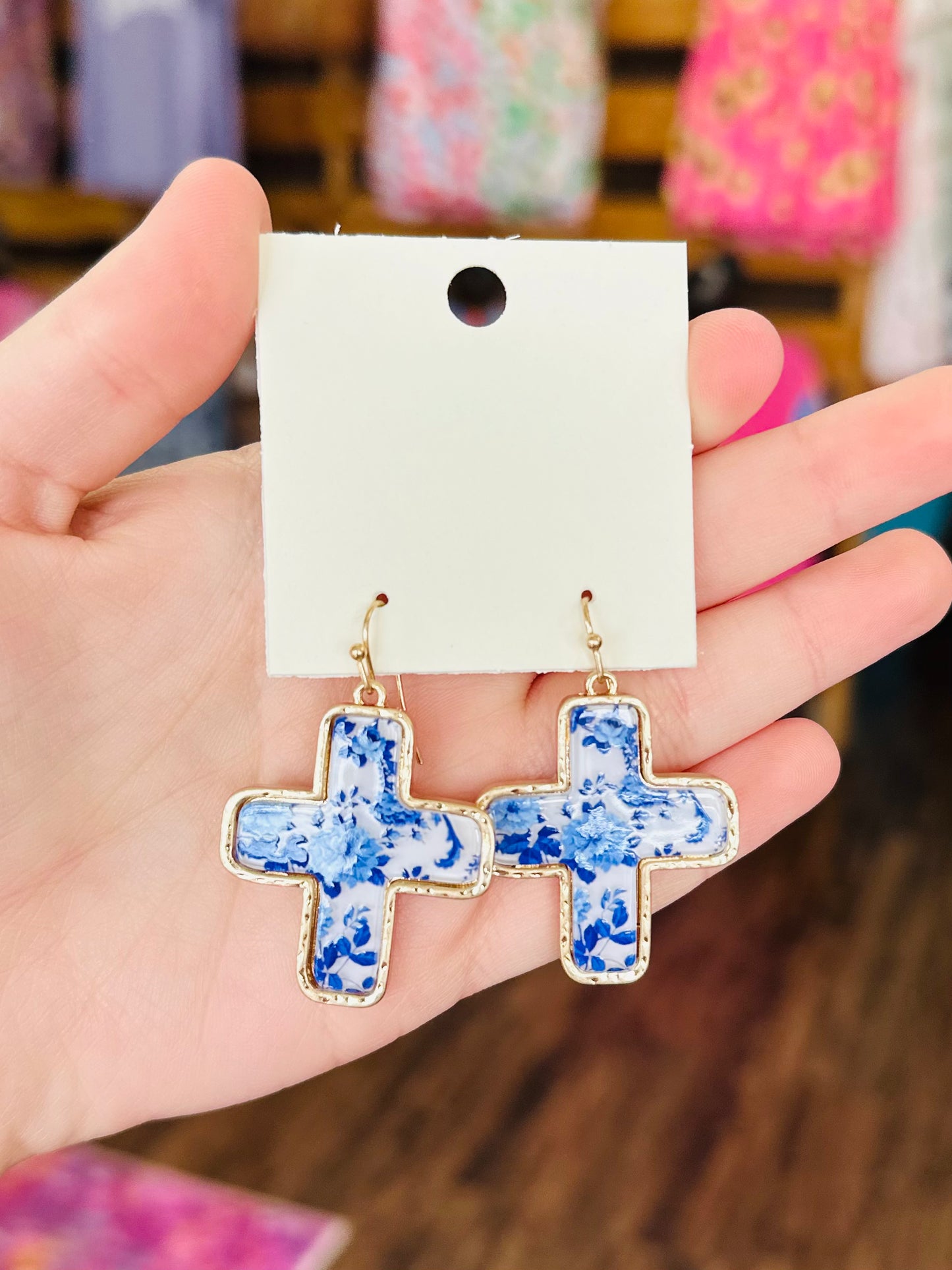 Blue Floral And Gold Cross Earrings