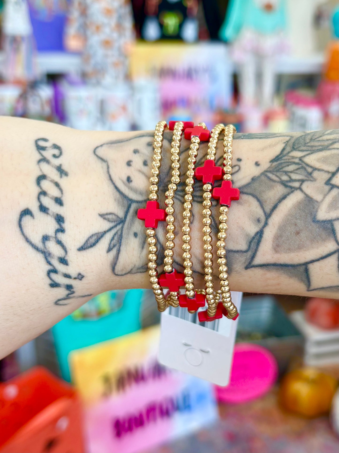 KK Gold Beaded Red Cross Accent Bracelet Set
