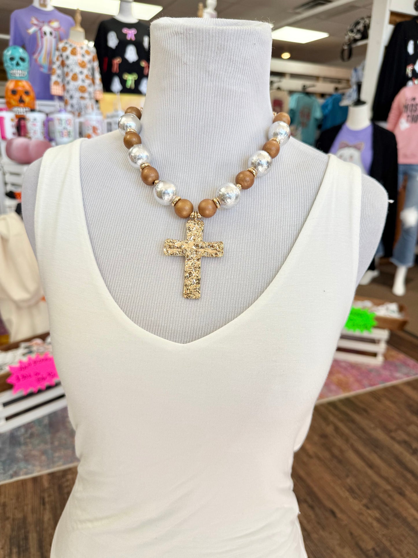 Silver and Gold Beaded Cross Necklace