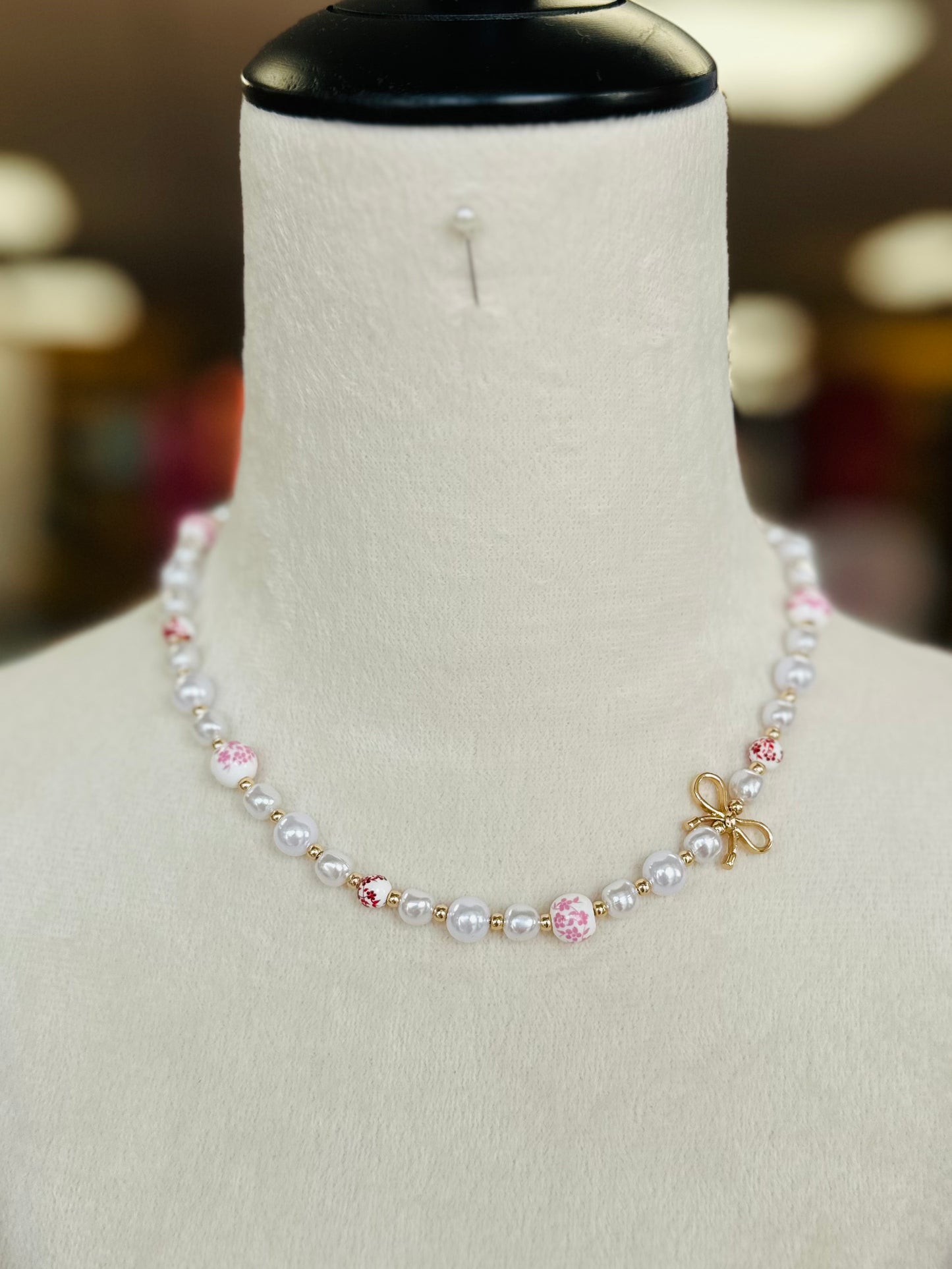 Pink Ceramic Porcelain Pearl Bow Necklace