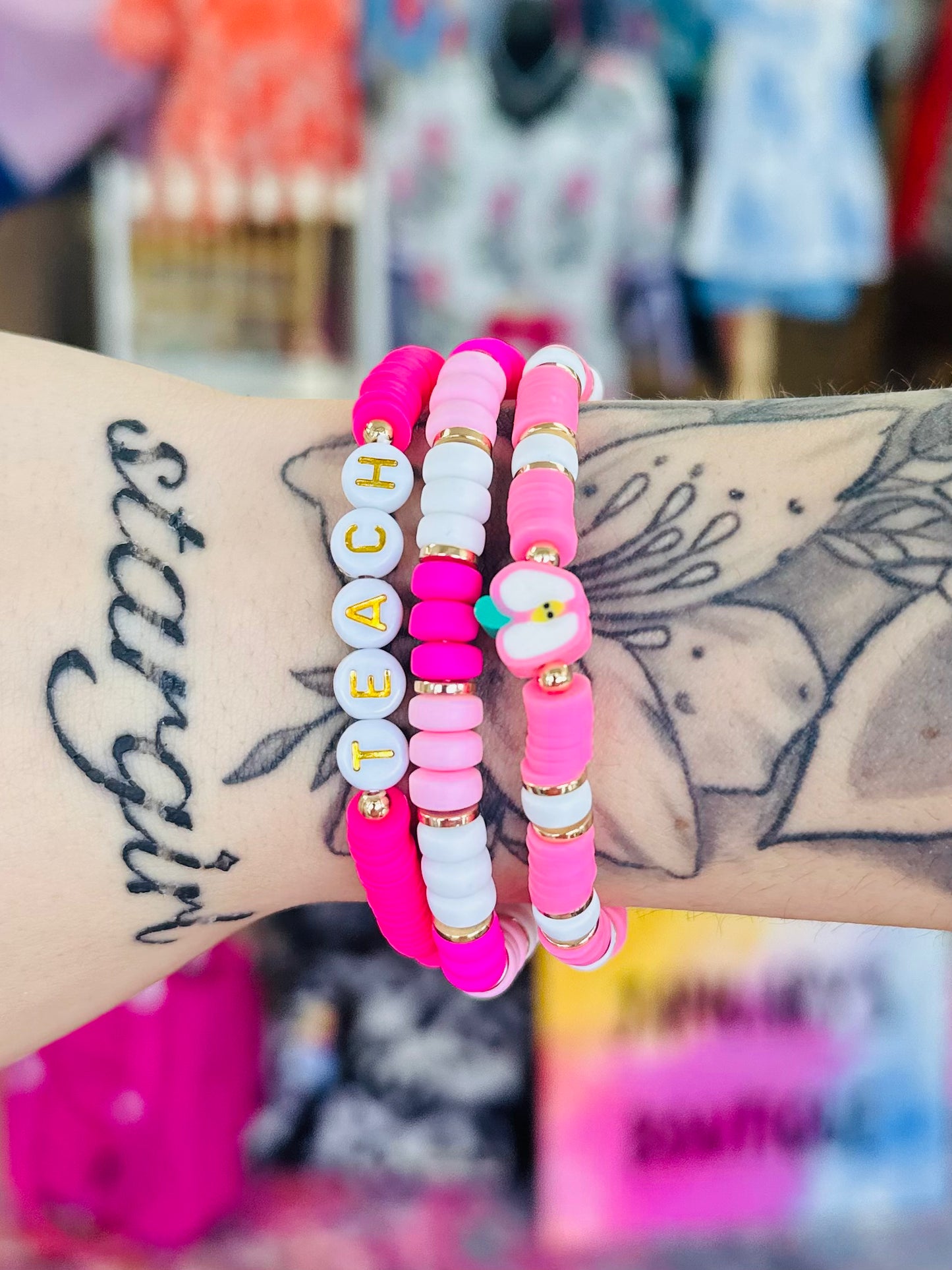 KK Jane Marie Set of 3, Stretch Bracelet with Apple & "Teach"