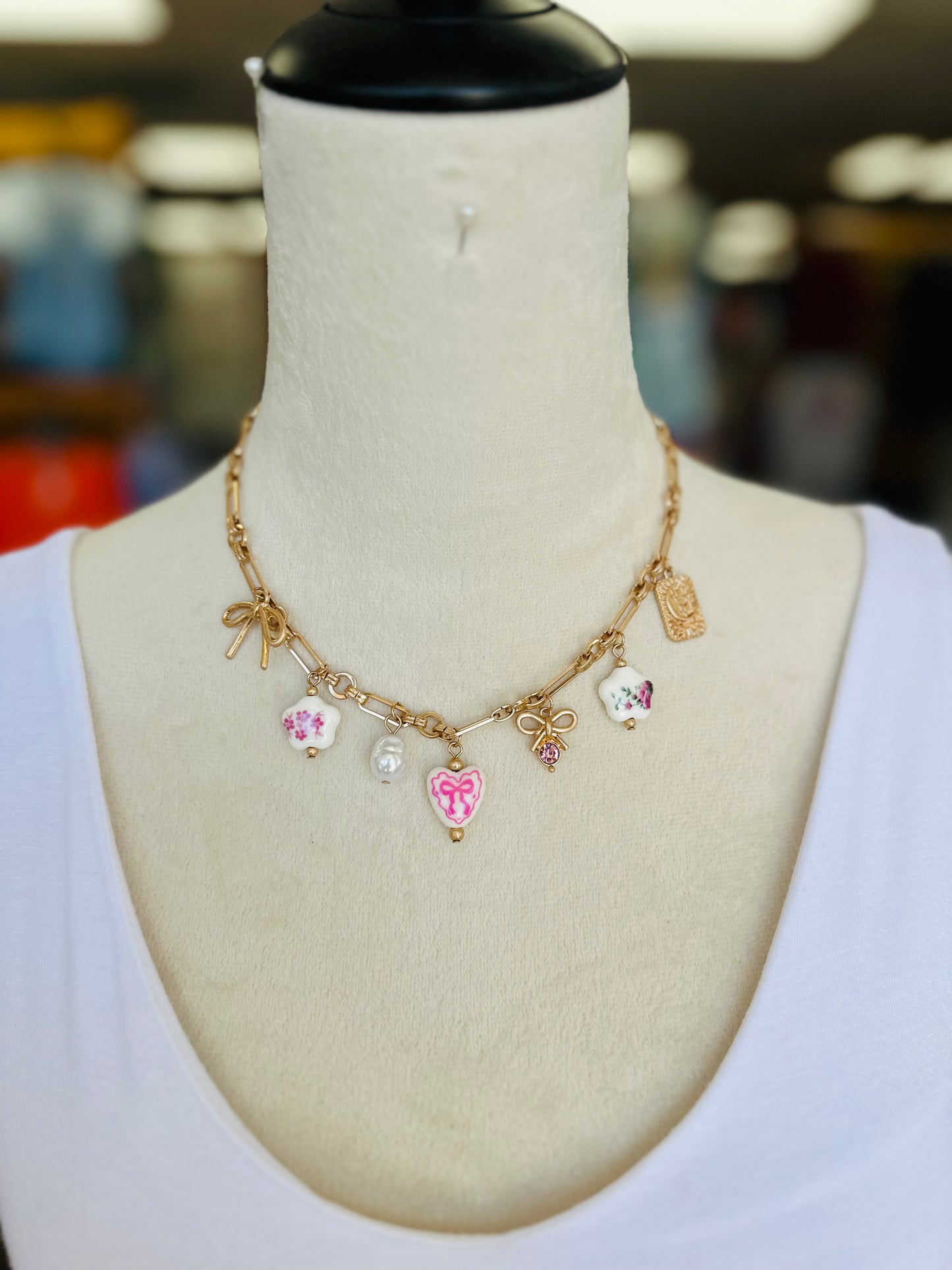 KK Pink Bow/Floral Charm Necklace