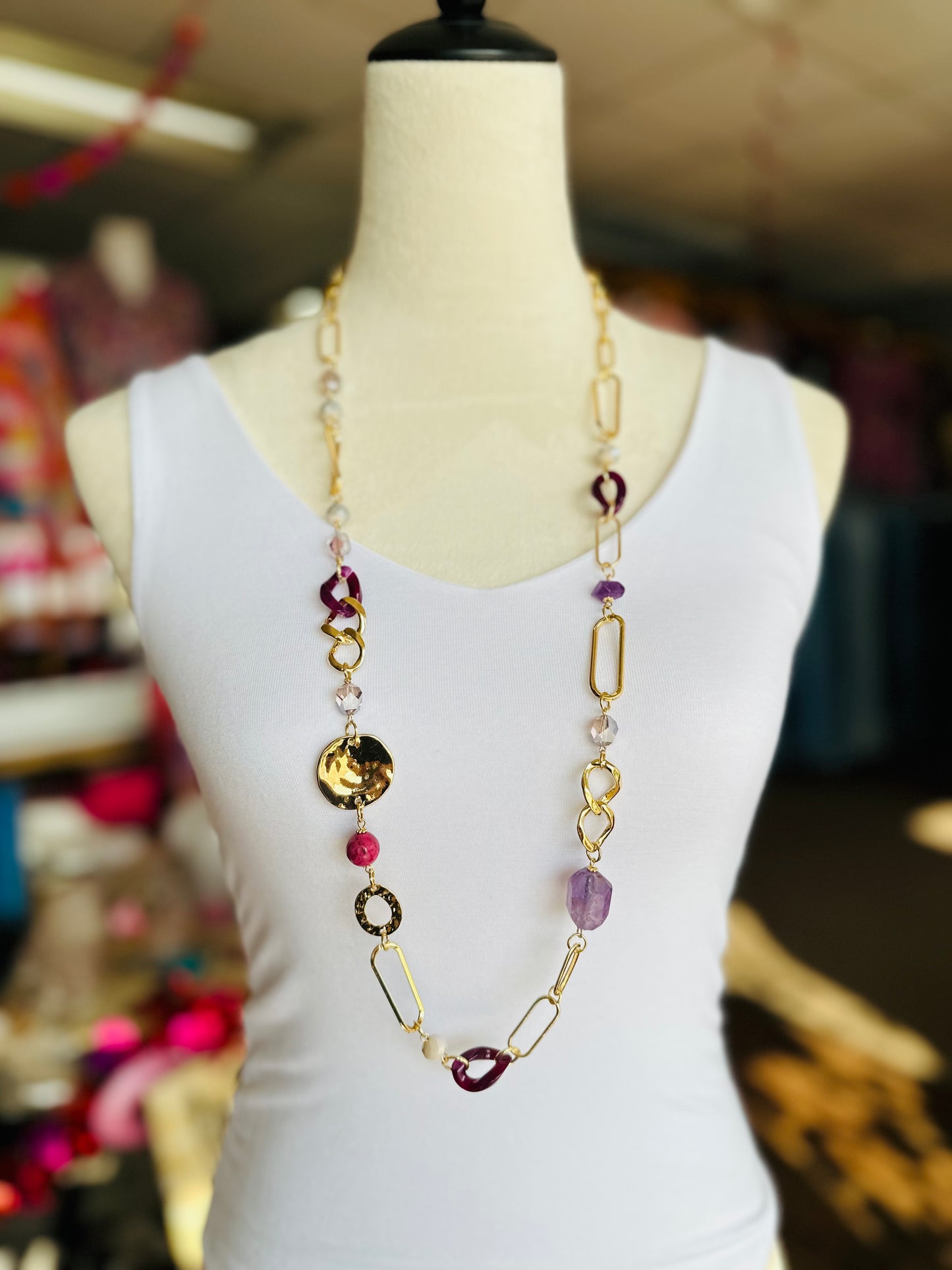 Purple Hammered Metal Accent Long Necklace