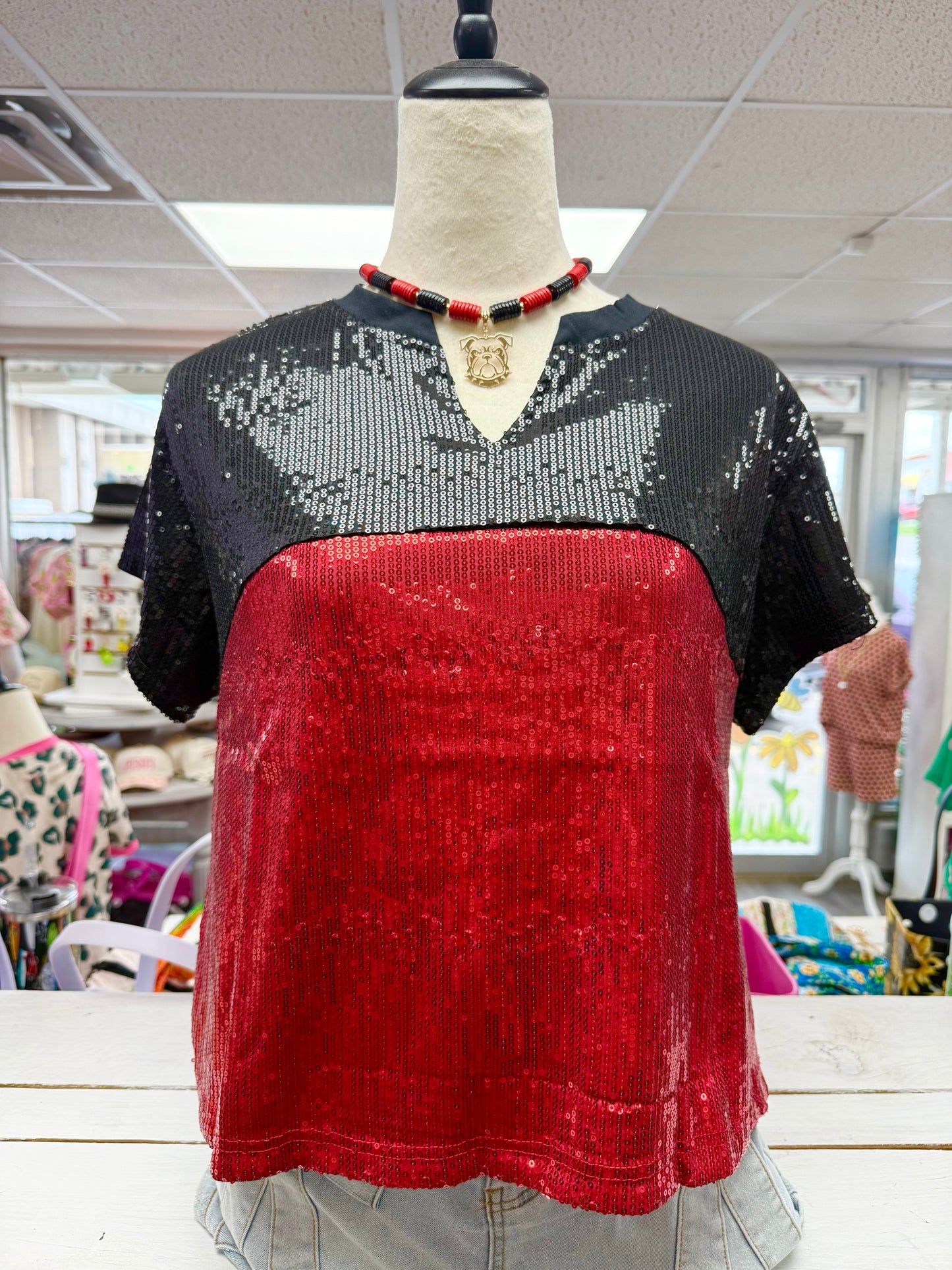 Women’s Red & Black Sequin Top