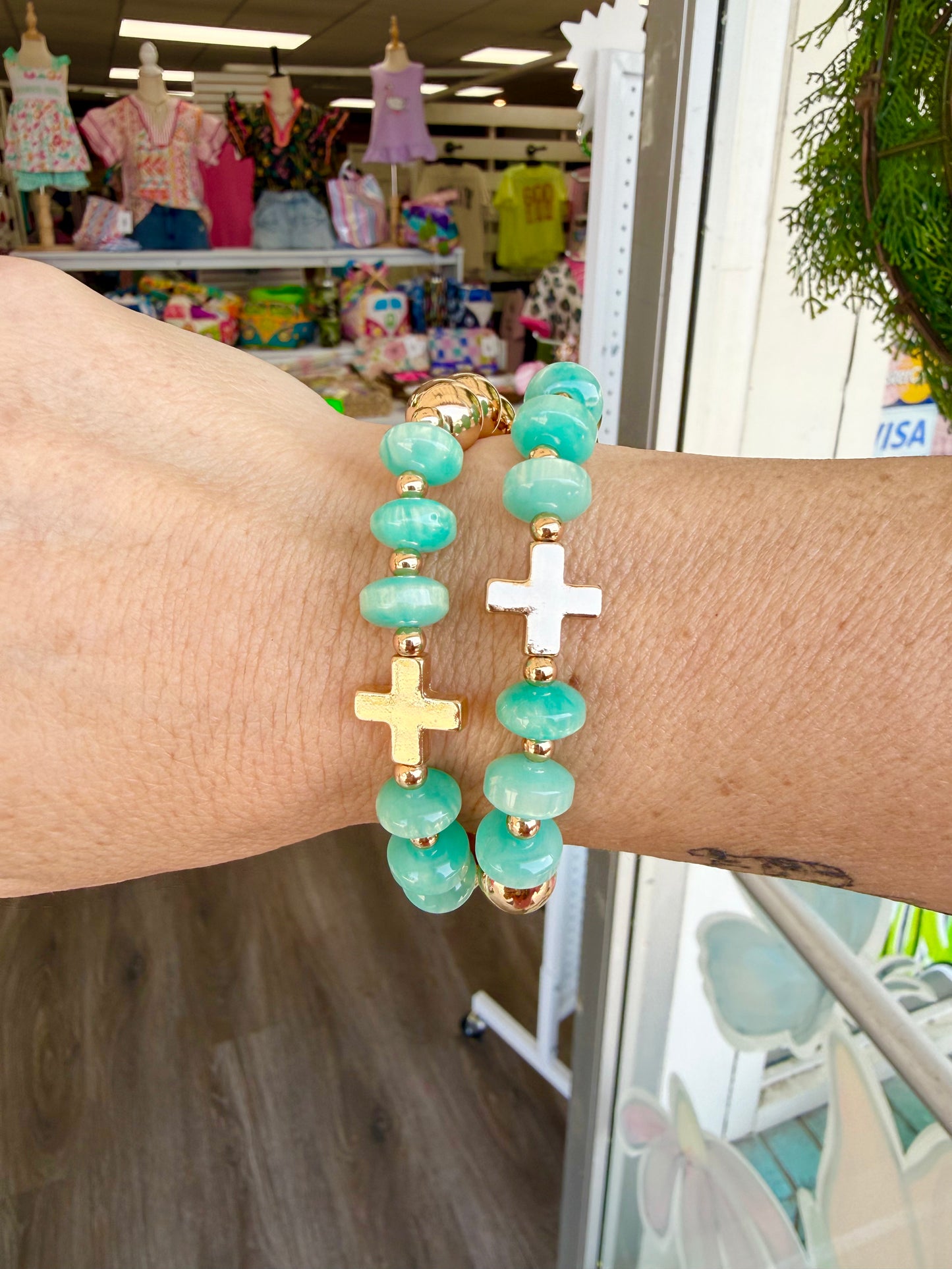 Gold & Teal Cross Beaded Bracelet Set