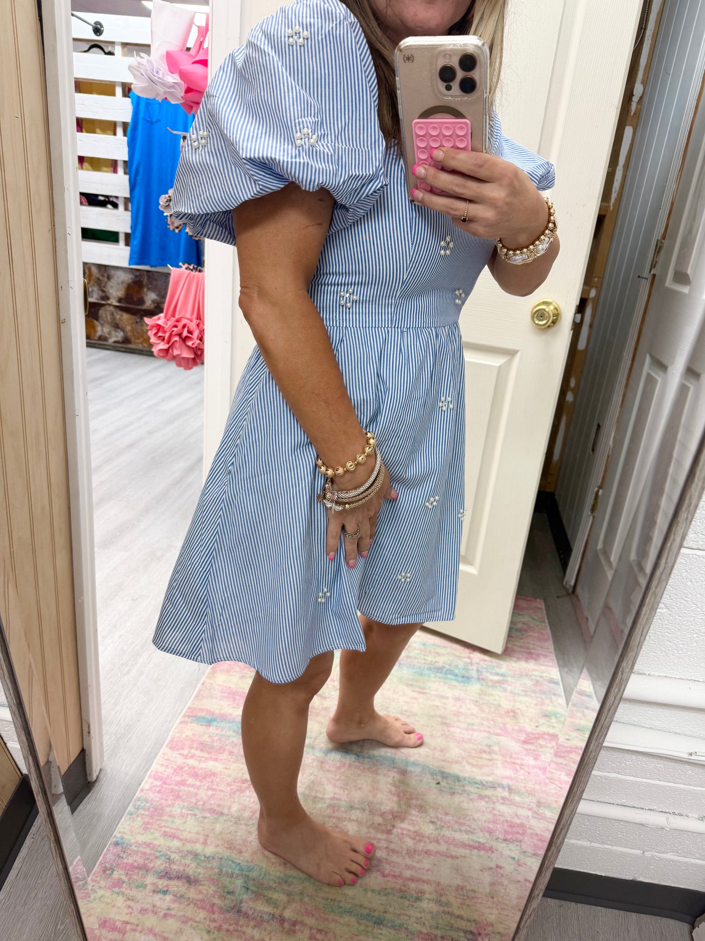 Women’s Peach Love Blue & White Striped With Pearls Dress