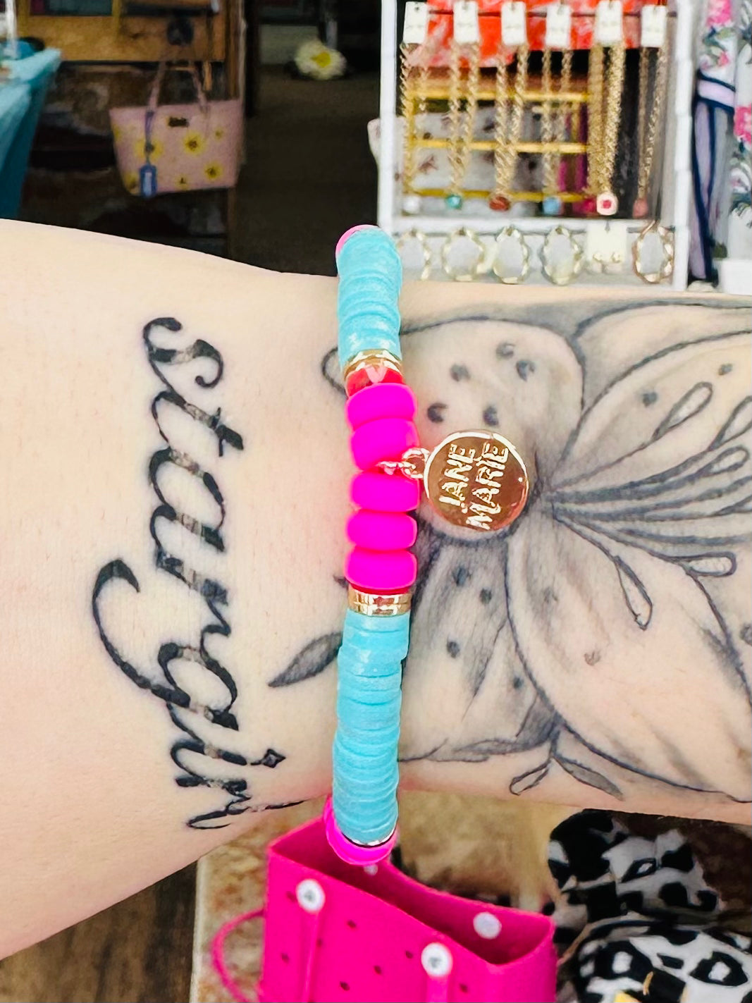 KK Jane Marie Pink, Tq Beaded Stretch Bracelet with Gold Spacers