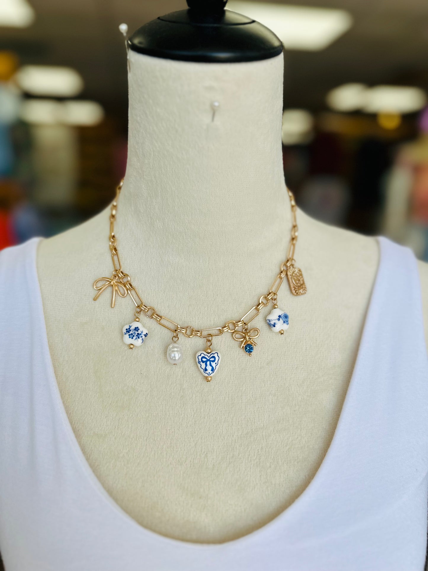 KK Blue Bow/Floral Charm Necklace