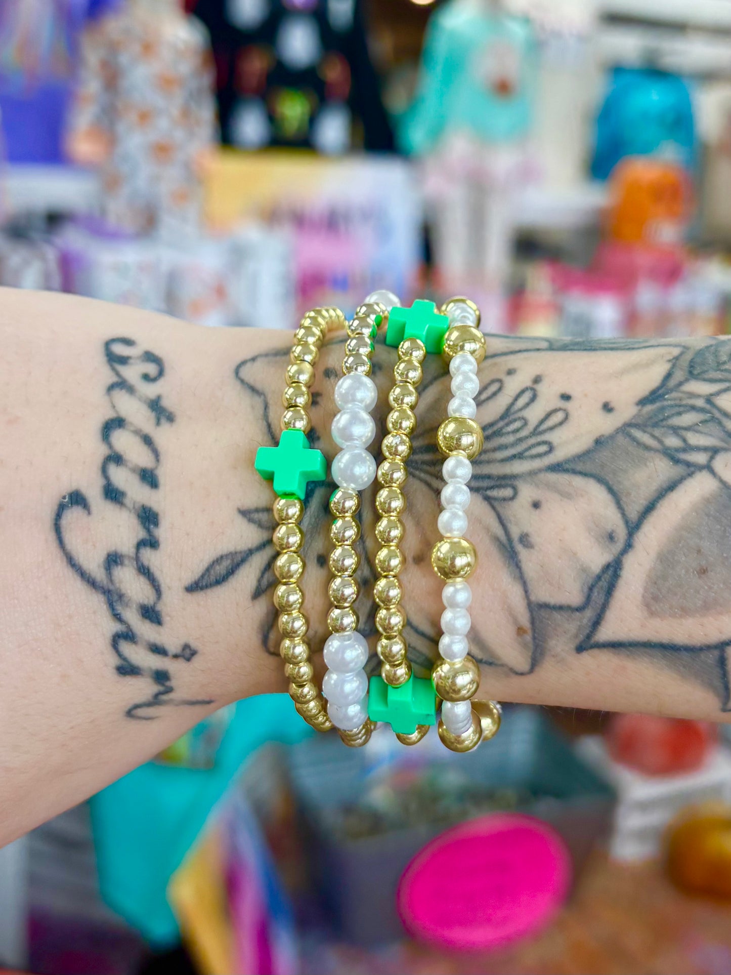 KK Gold & Pearl Green Cross Bracelet Set