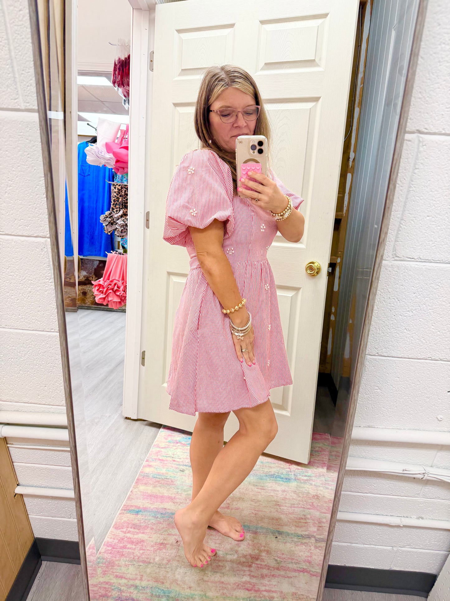 Women’s Peach Love Red & White Striped With Pearls Dress