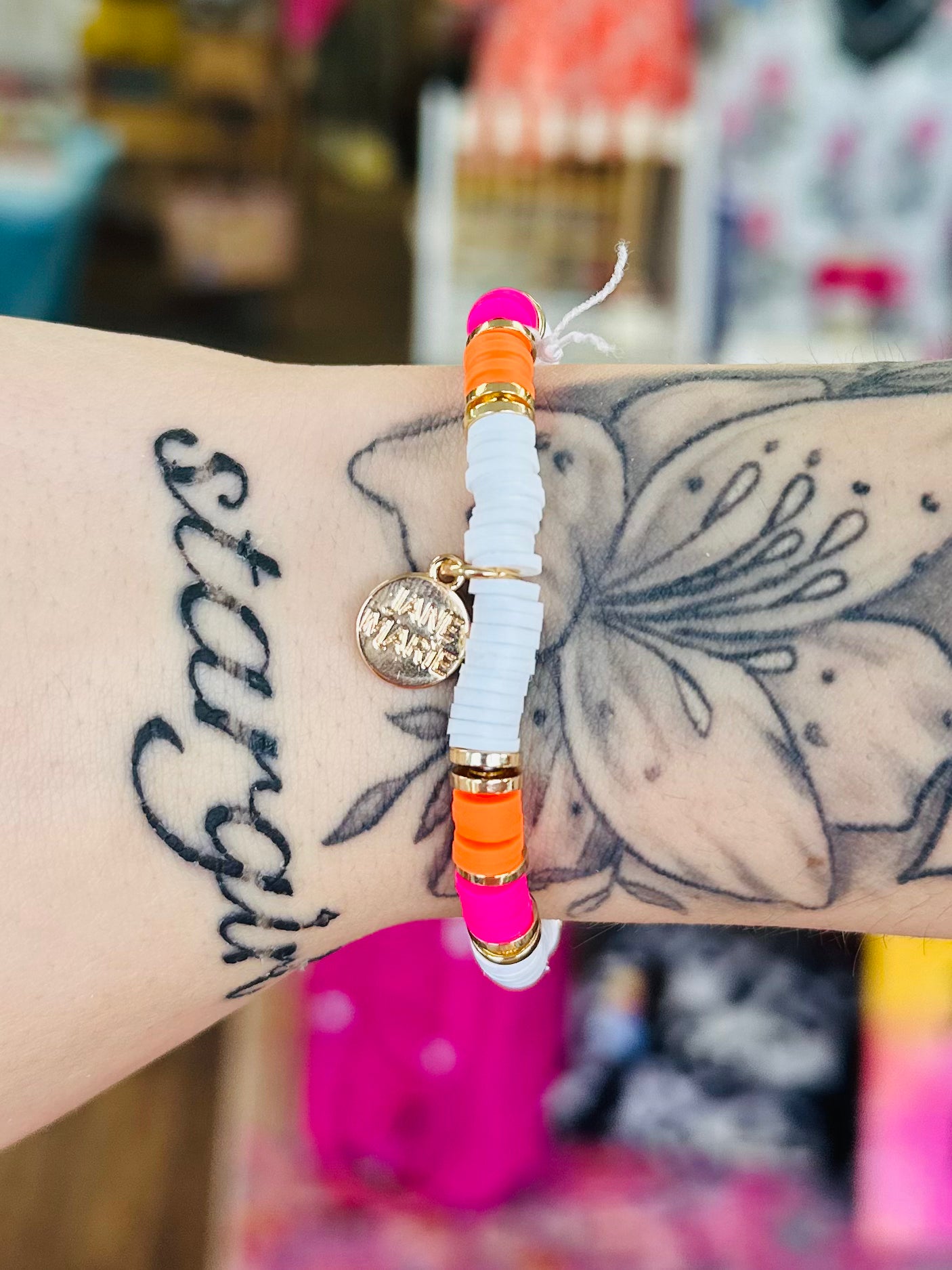 KK Jane Marie Pink, White, Orange Rubber Beaded Bracelet with Bar