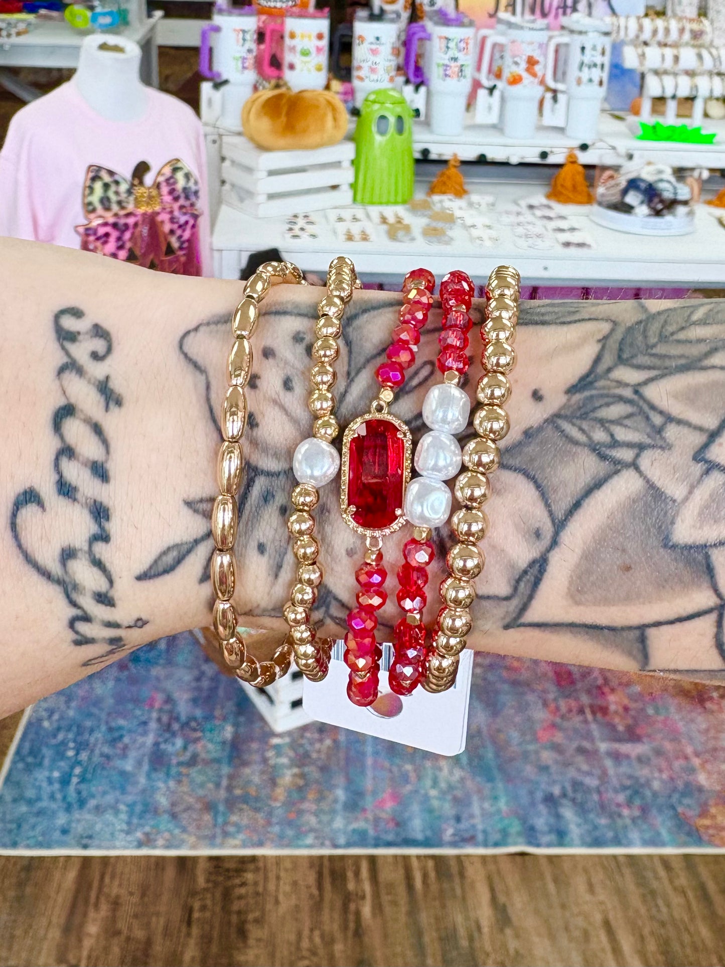 KK Gold & Red Stone Bracelet Set